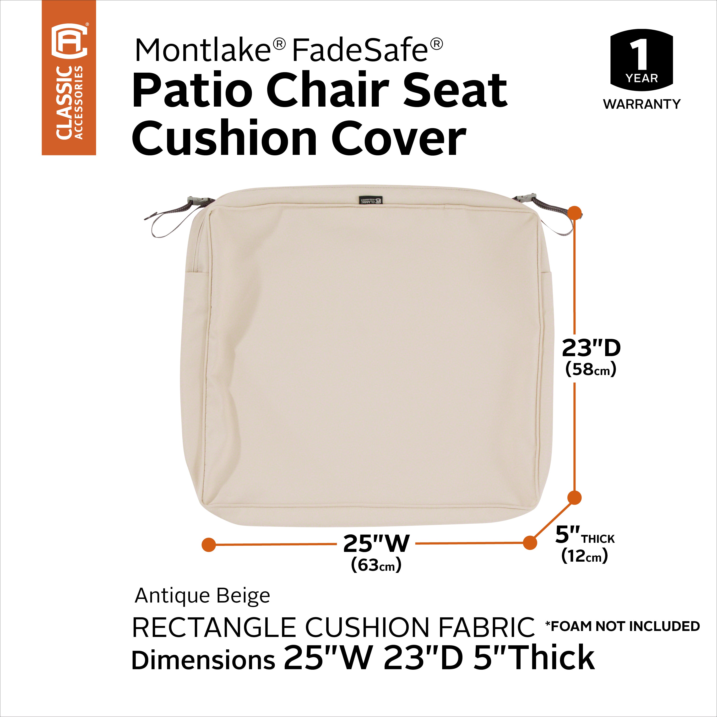 Classic Accessories Montlake FadeSafe Water-Resistant Rectangular Patio Lounge Seat Cushion Cover