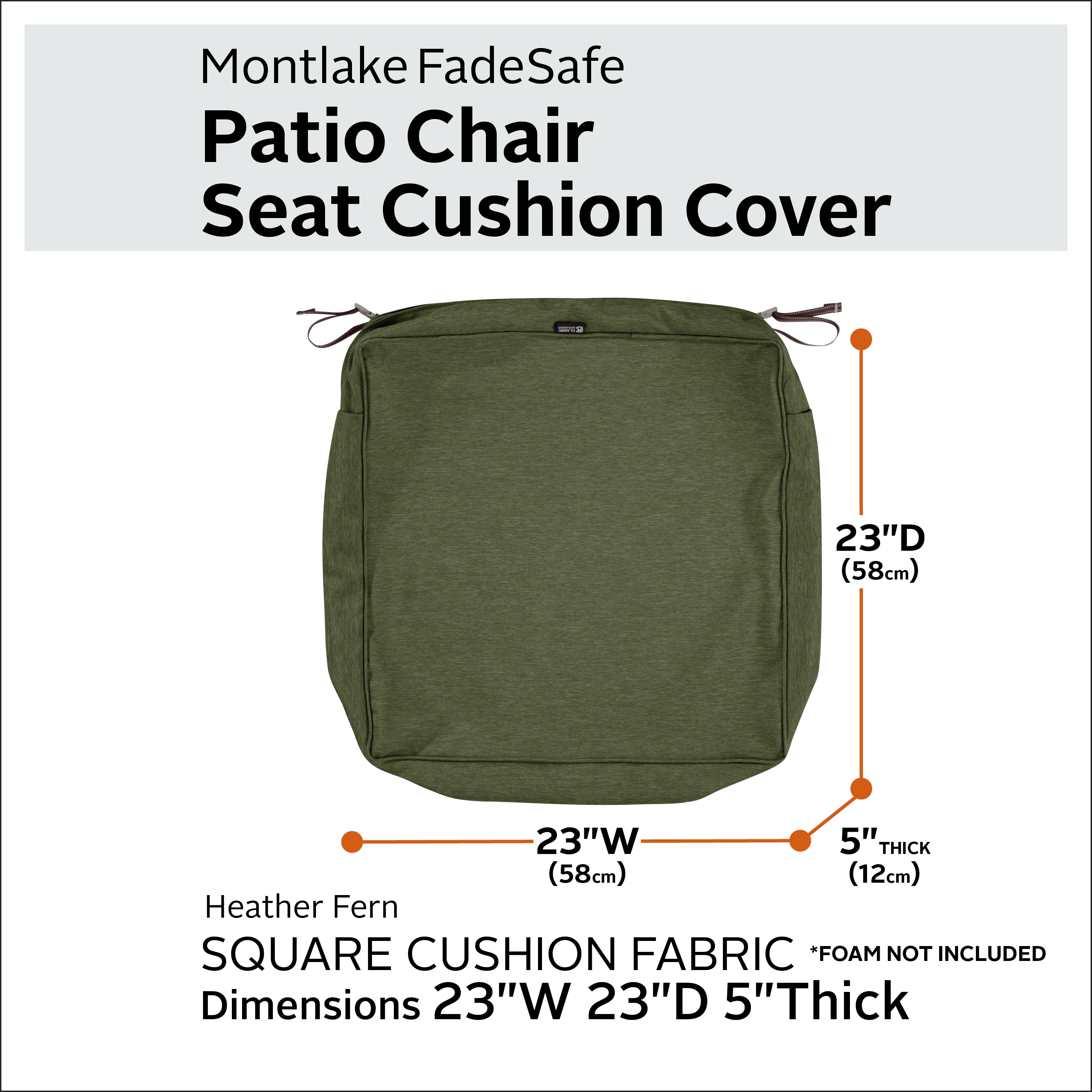 Classic Accessories Montlake FadeSafe Water-Resistant 5 Inch Thick Square Patio Dining Seat Cushion Cover