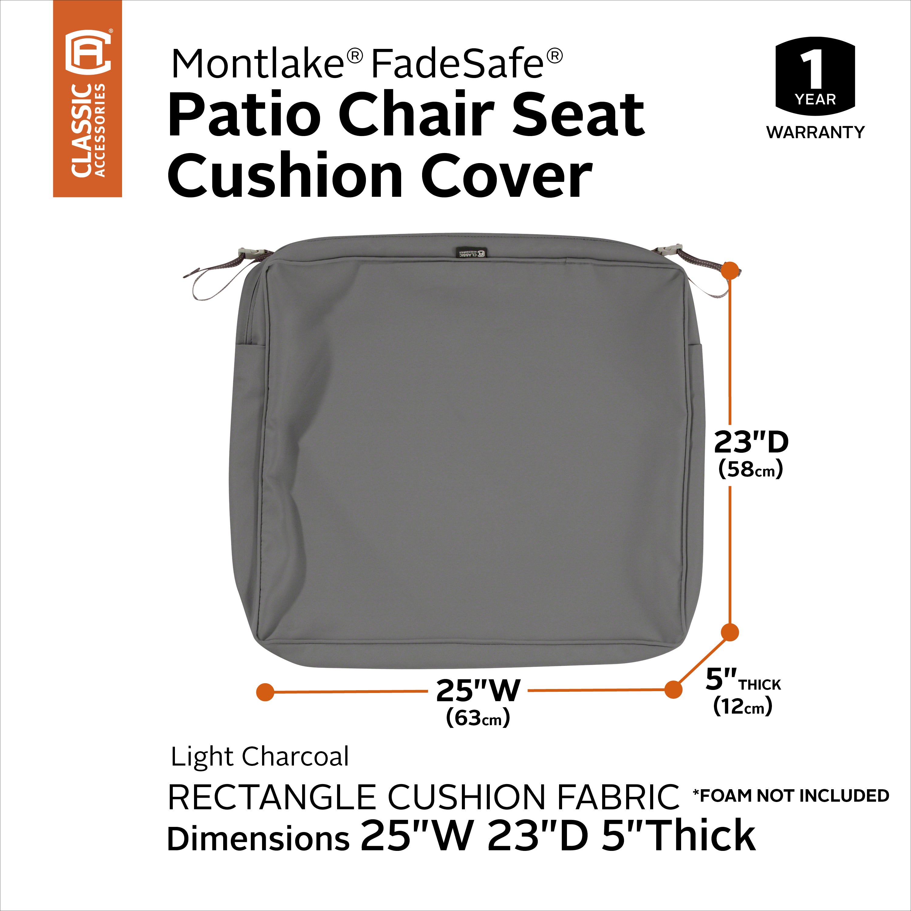 Classic Accessories Montlake FadeSafe Water-Resistant Rectangular Patio Lounge Seat Cushion Cover