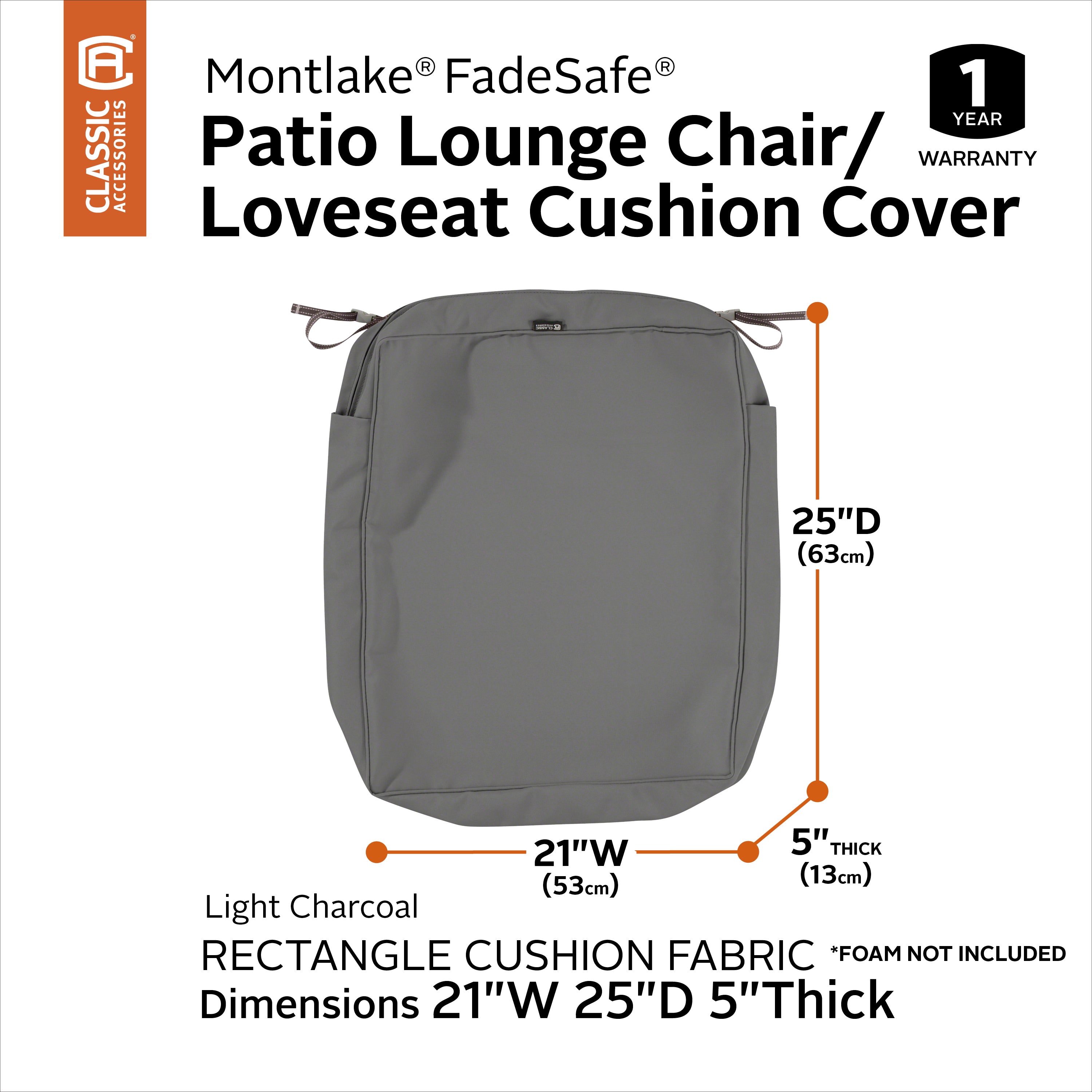 Classic Accessories Montlake FadeSafe Water-Resistant Rectangular Patio Lounge Seat Cushion Cover