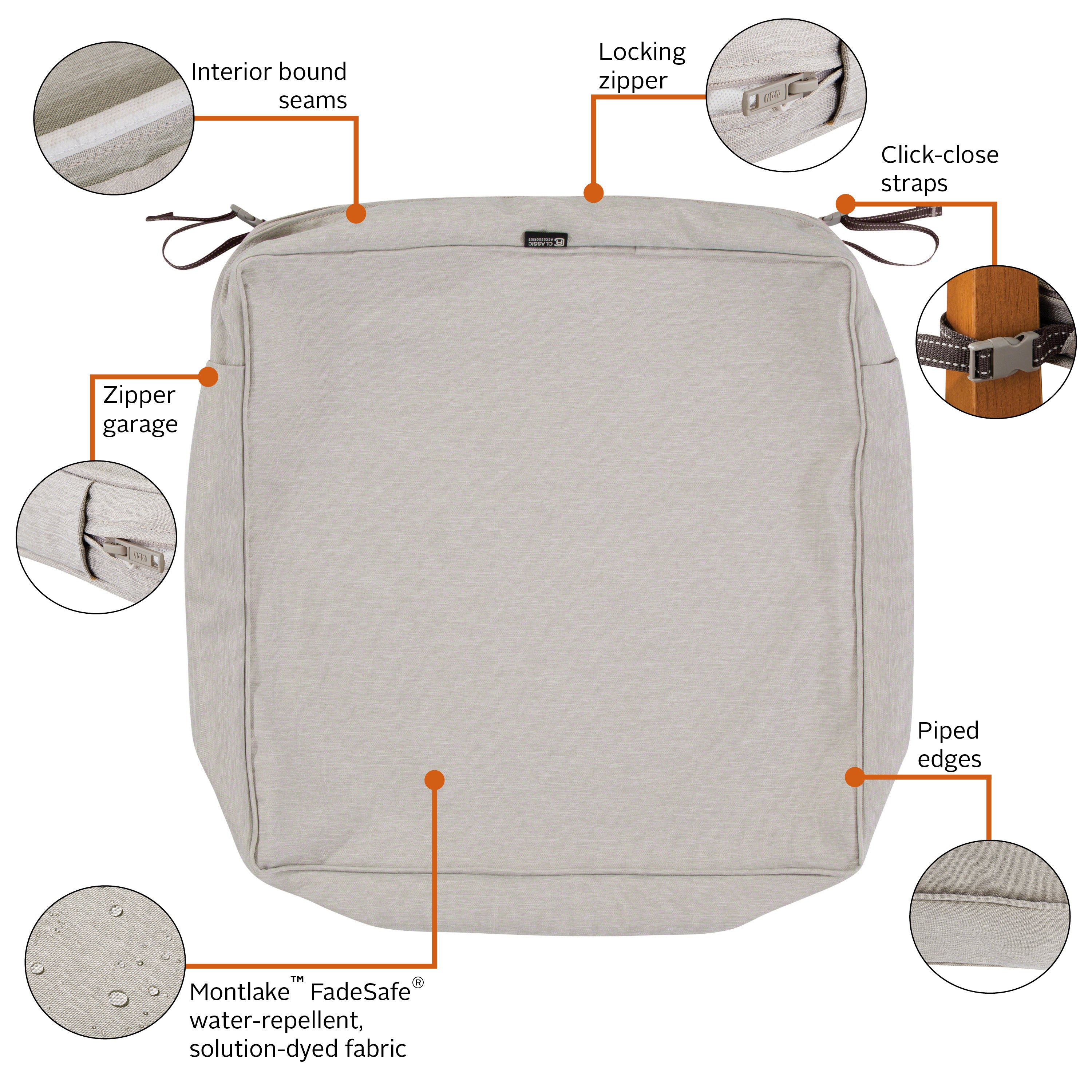 Classic Accessories Montlake FadeSafe Water-Resistant 5 Inch Thick Square Patio Dining Seat Cushion Cover