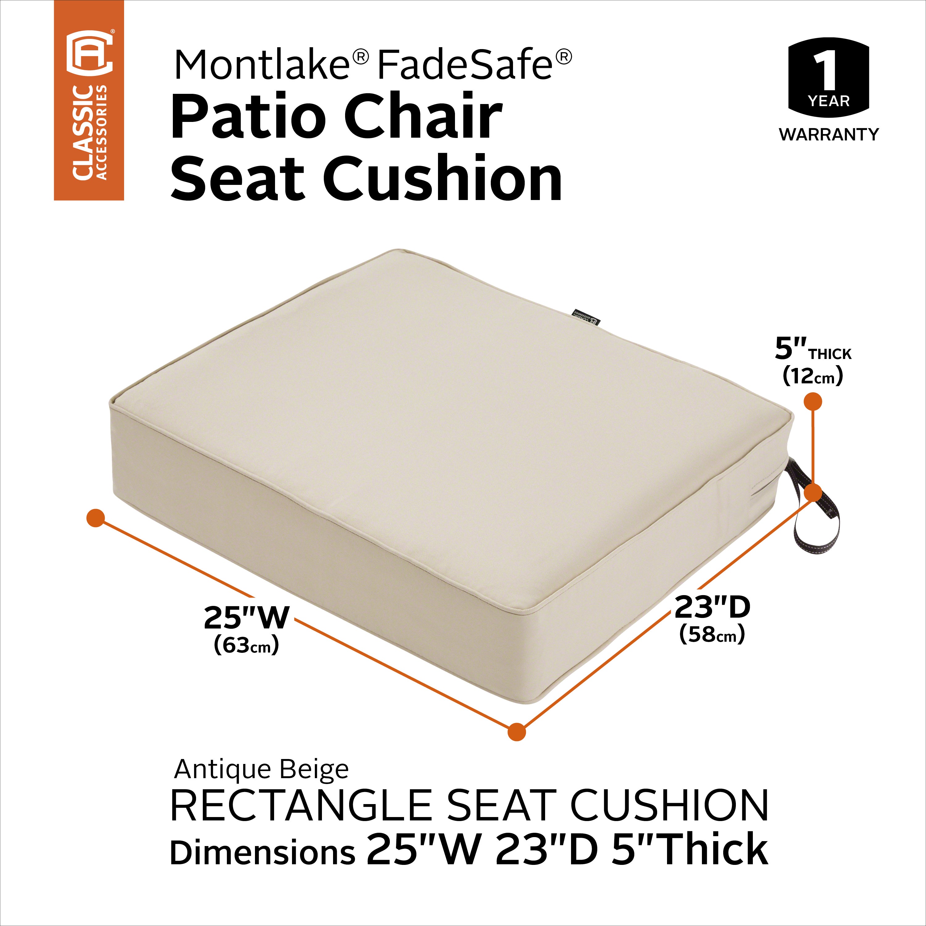 Classic Accessories Montlake FadeSafe Water-Resistant 5 Inch Thick Rectangle Patio Lounge Seat Cushion