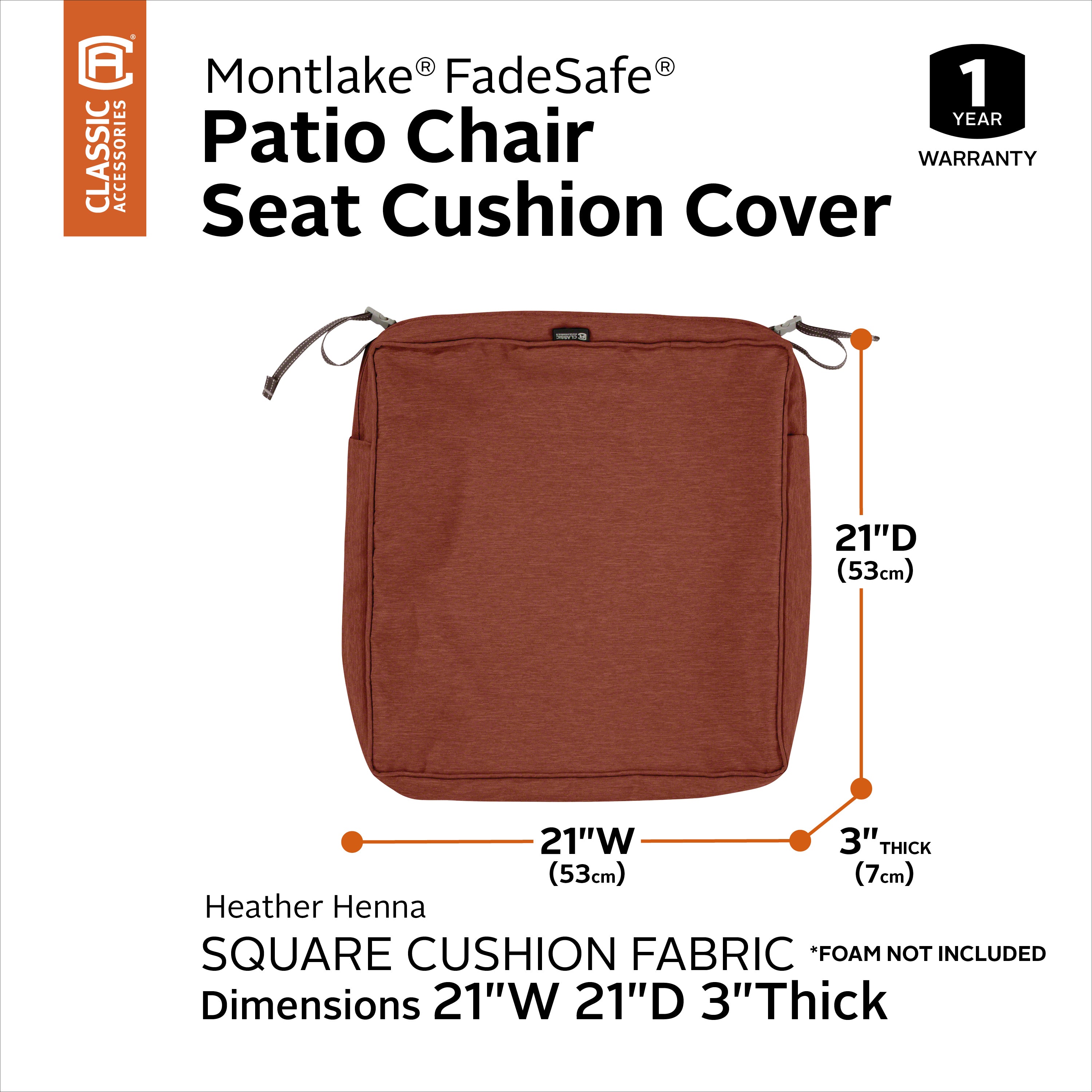Classic Accessories Montlake FadeSafe Water-Resistant 3 Inch Thick Square Patio Dining Seat Cushion Cover
