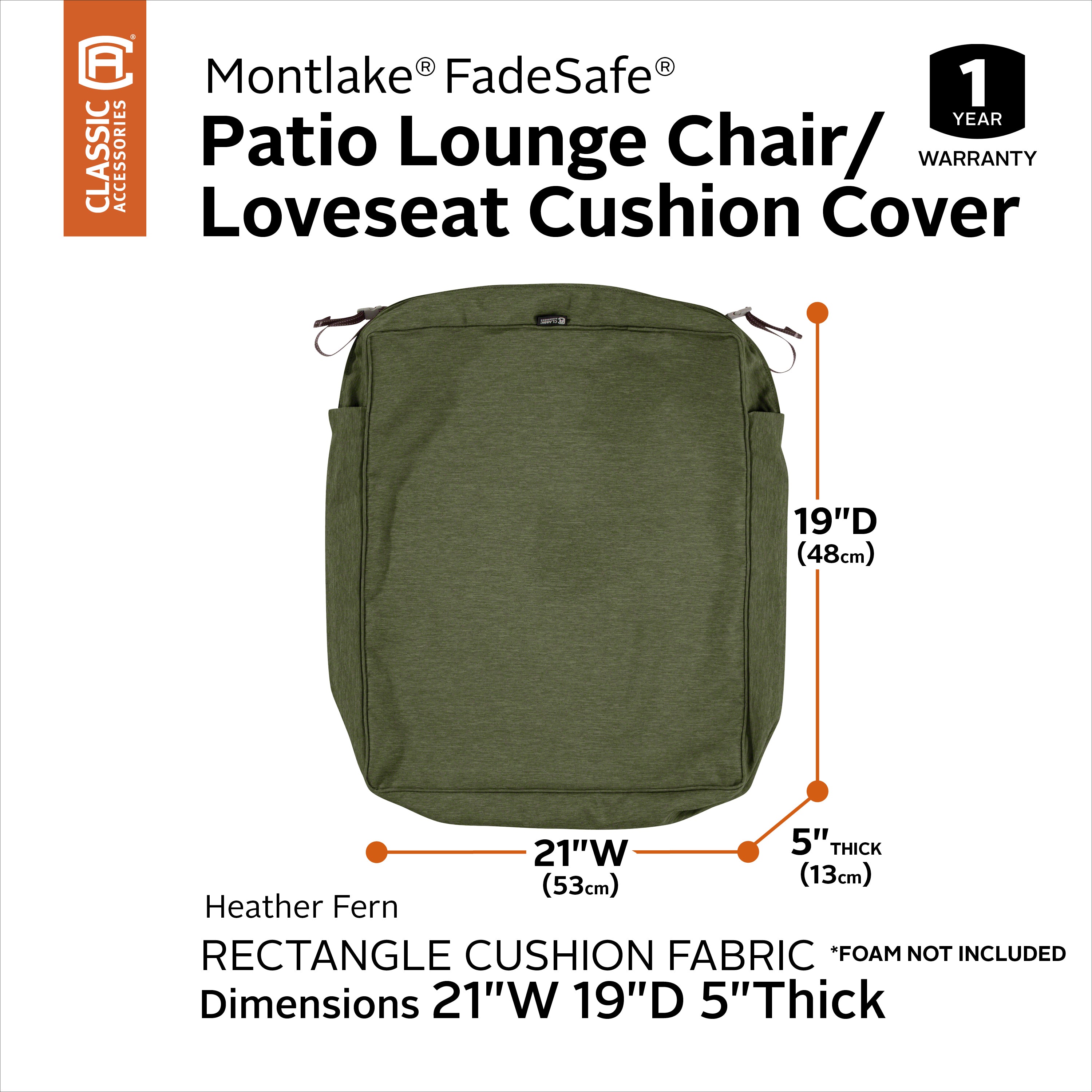 Classic Accessories Montlake FadeSafe Water-Resistant Rectangular Patio Lounge Seat Cushion Cover