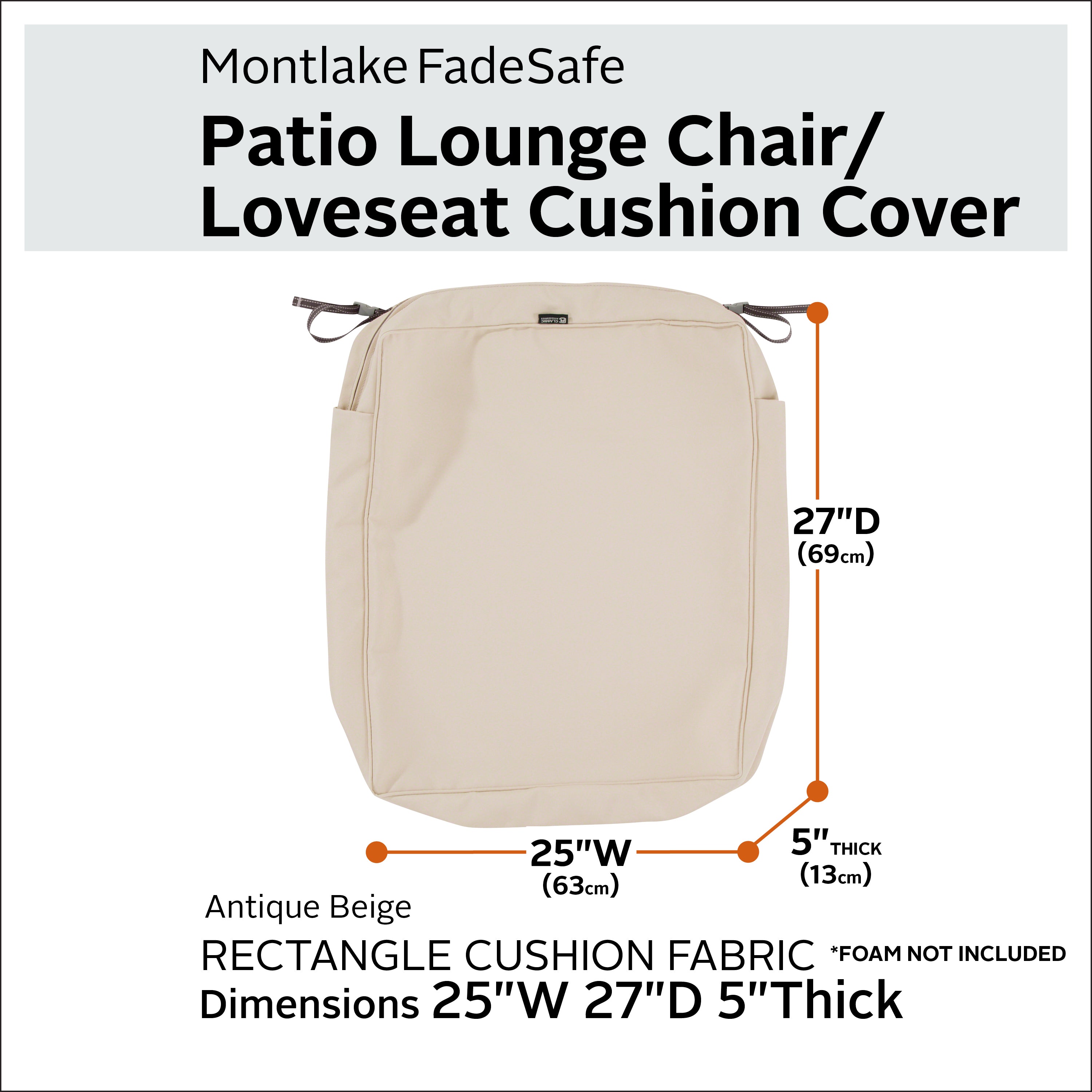 Classic Accessories Montlake FadeSafe Water-Resistant Rectangular Patio Lounge Seat Cushion Cover