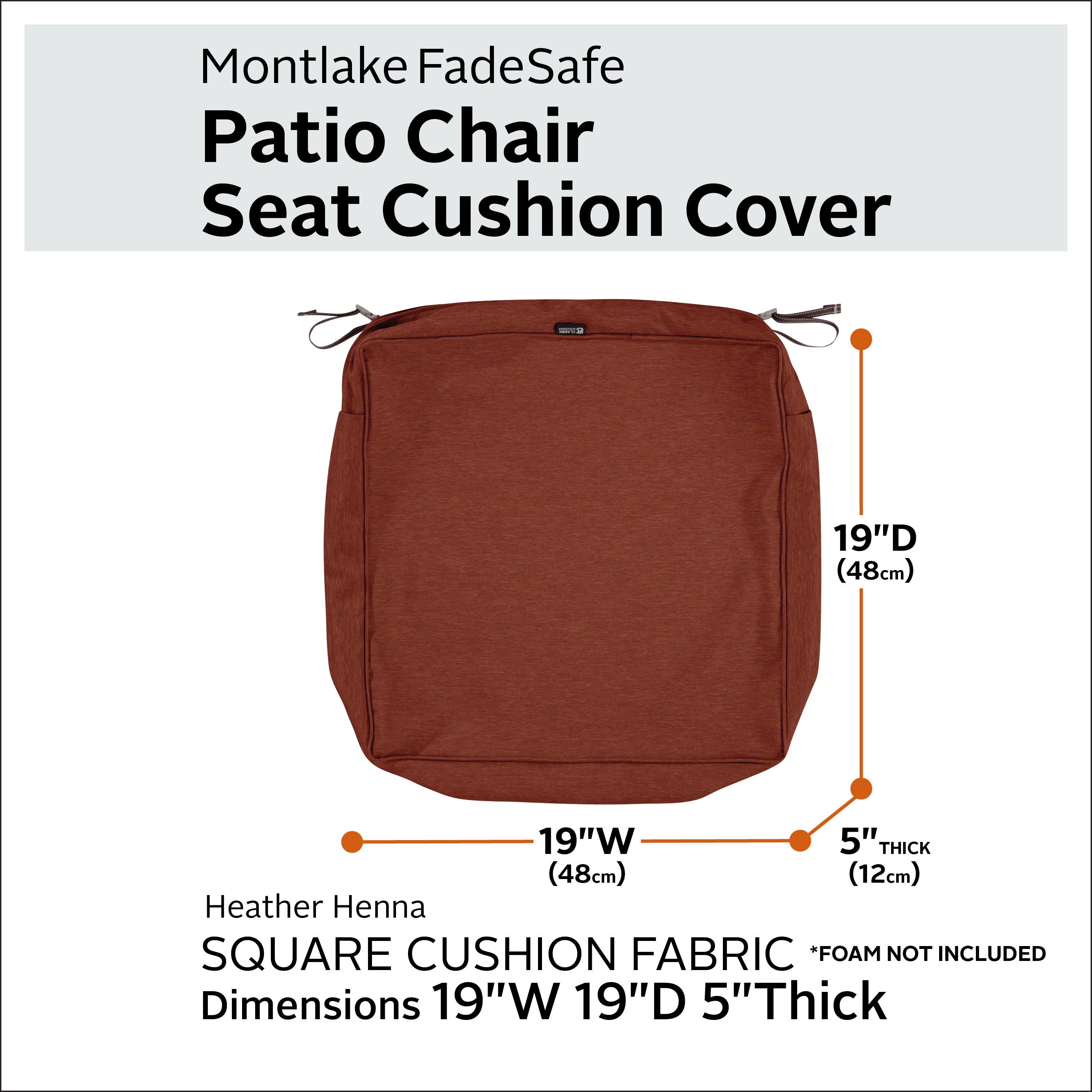 Classic Accessories Montlake FadeSafe Water-Resistant 5 Inch Thick Square Patio Dining Seat Cushion Cover