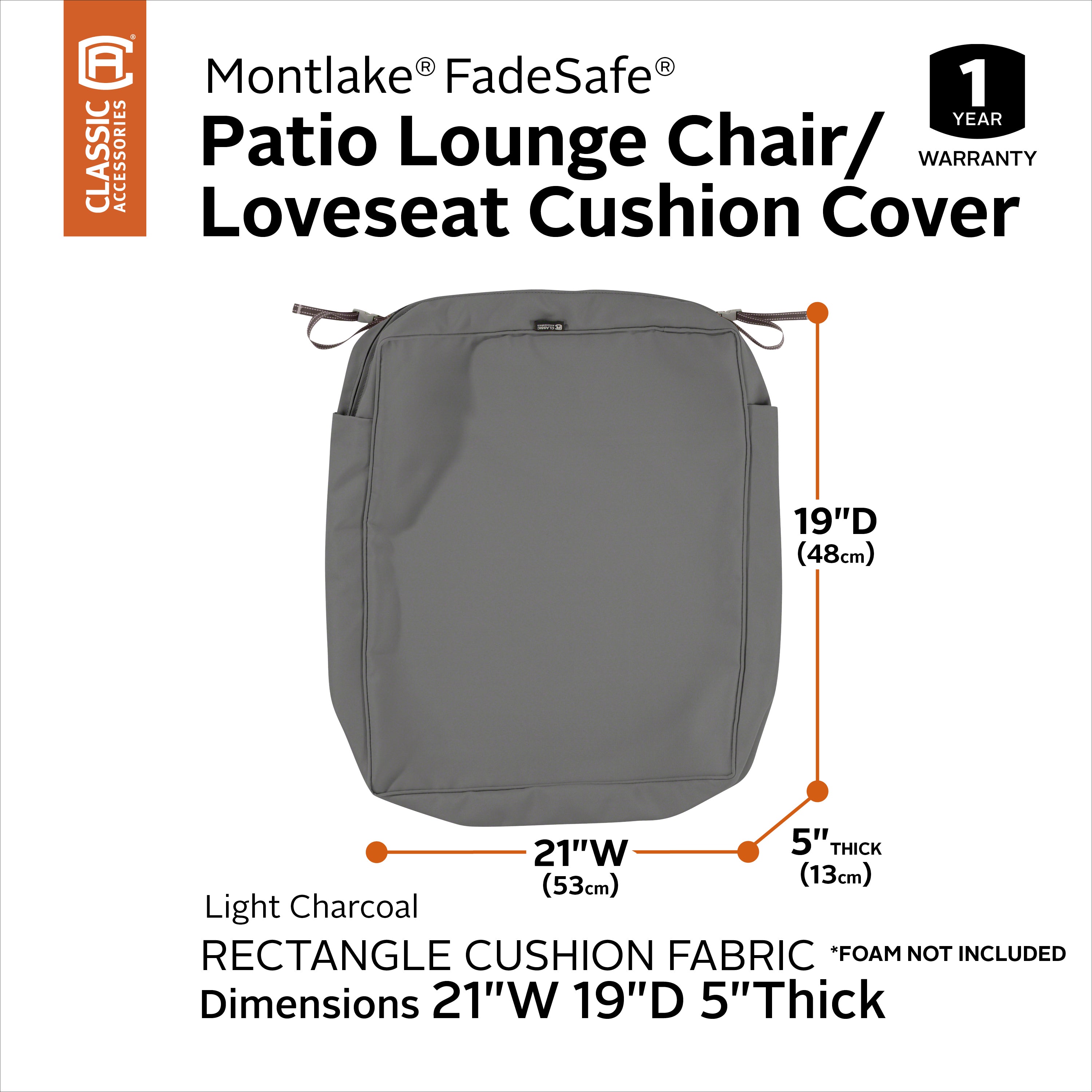 Classic Accessories Montlake FadeSafe Water-Resistant Rectangular Patio Lounge Seat Cushion Cover