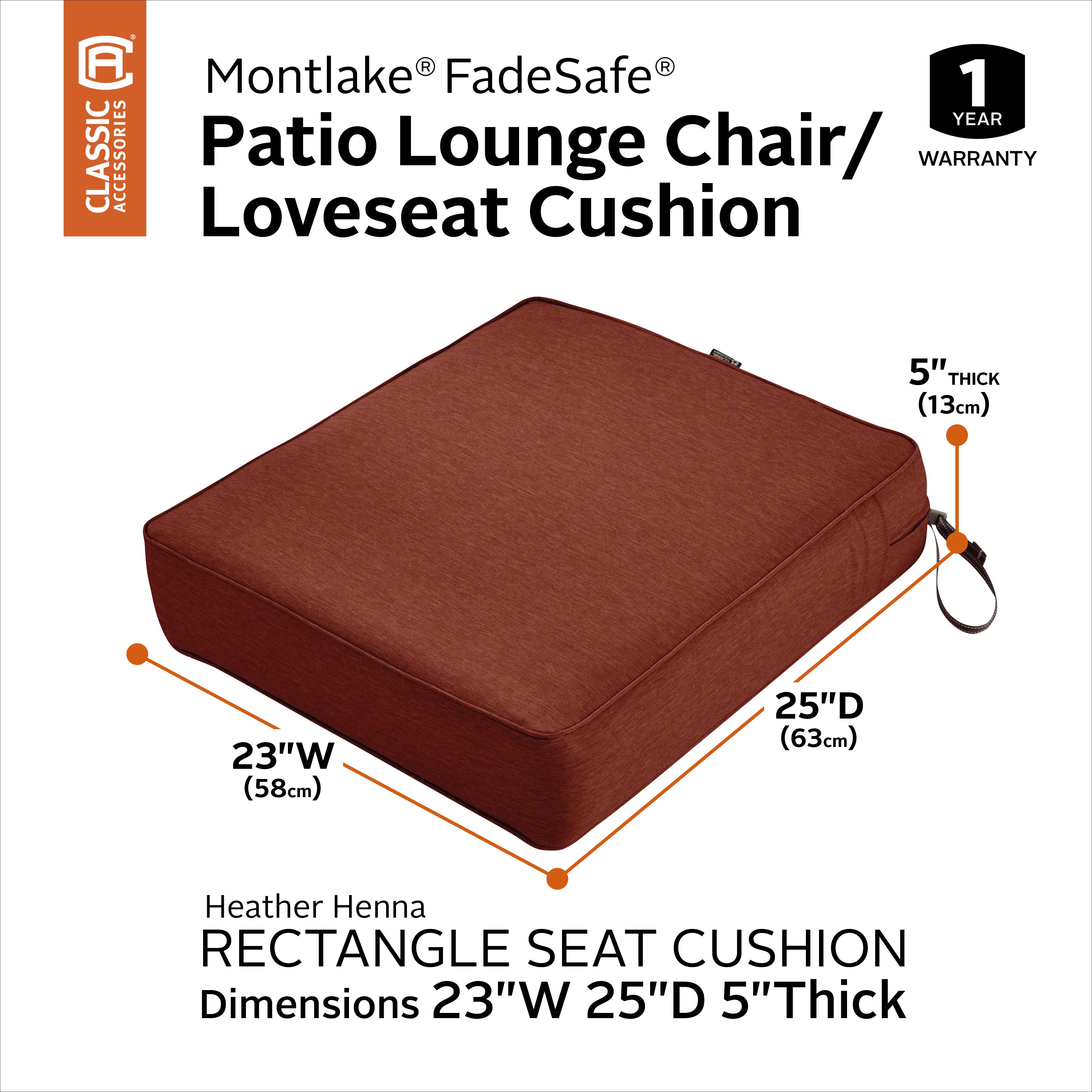Classic Accessories Montlake FadeSafe Water-Resistant 5 Inch Thick Rectangle Patio Lounge Seat Cushion