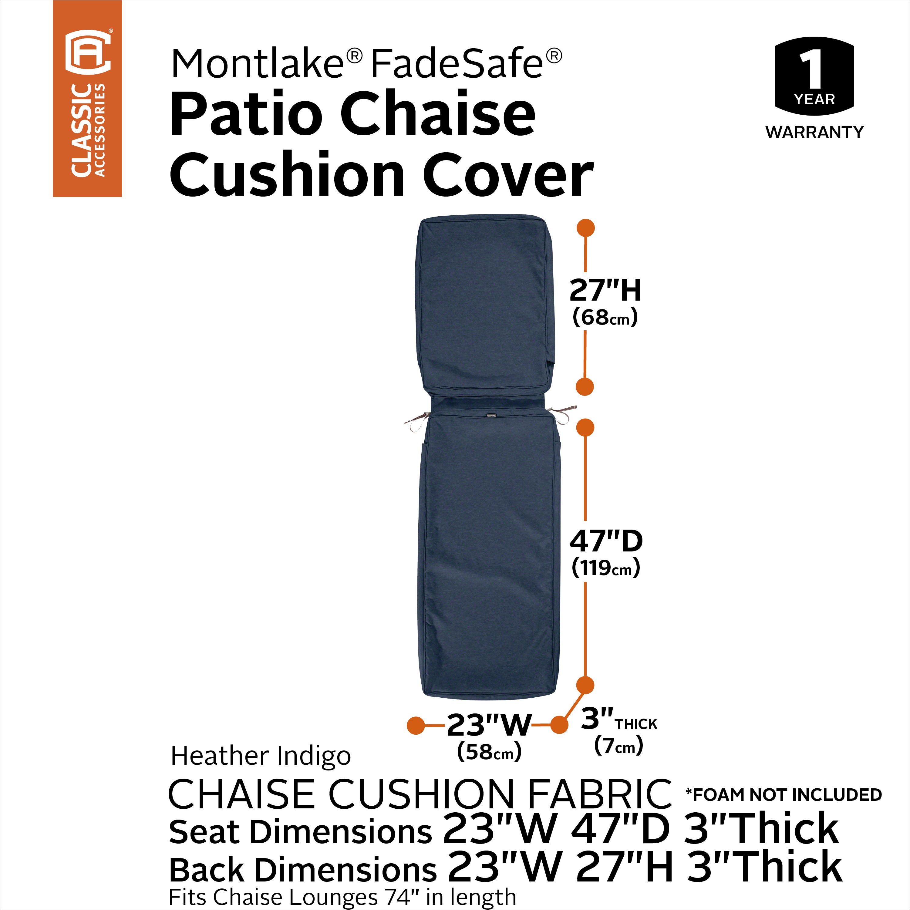 Montlake FadeSafe Water-Resistant Patio Chaise Lounge Cushion Cover