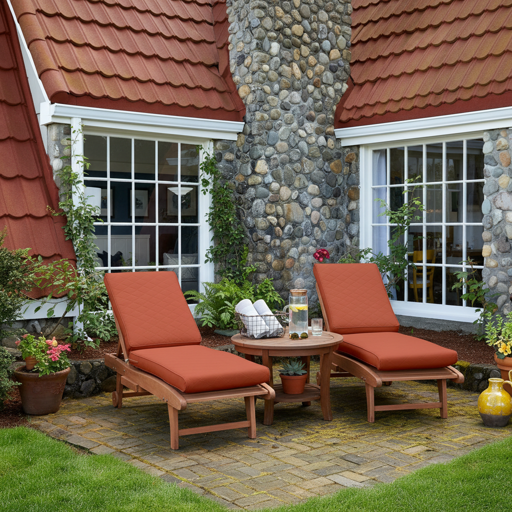 Two wooden outdoor lounge chairs with rust-orange cushions are arranged on a stone patio in front of a house with red-tiled roofs, stone walls, and large white-framed windows.