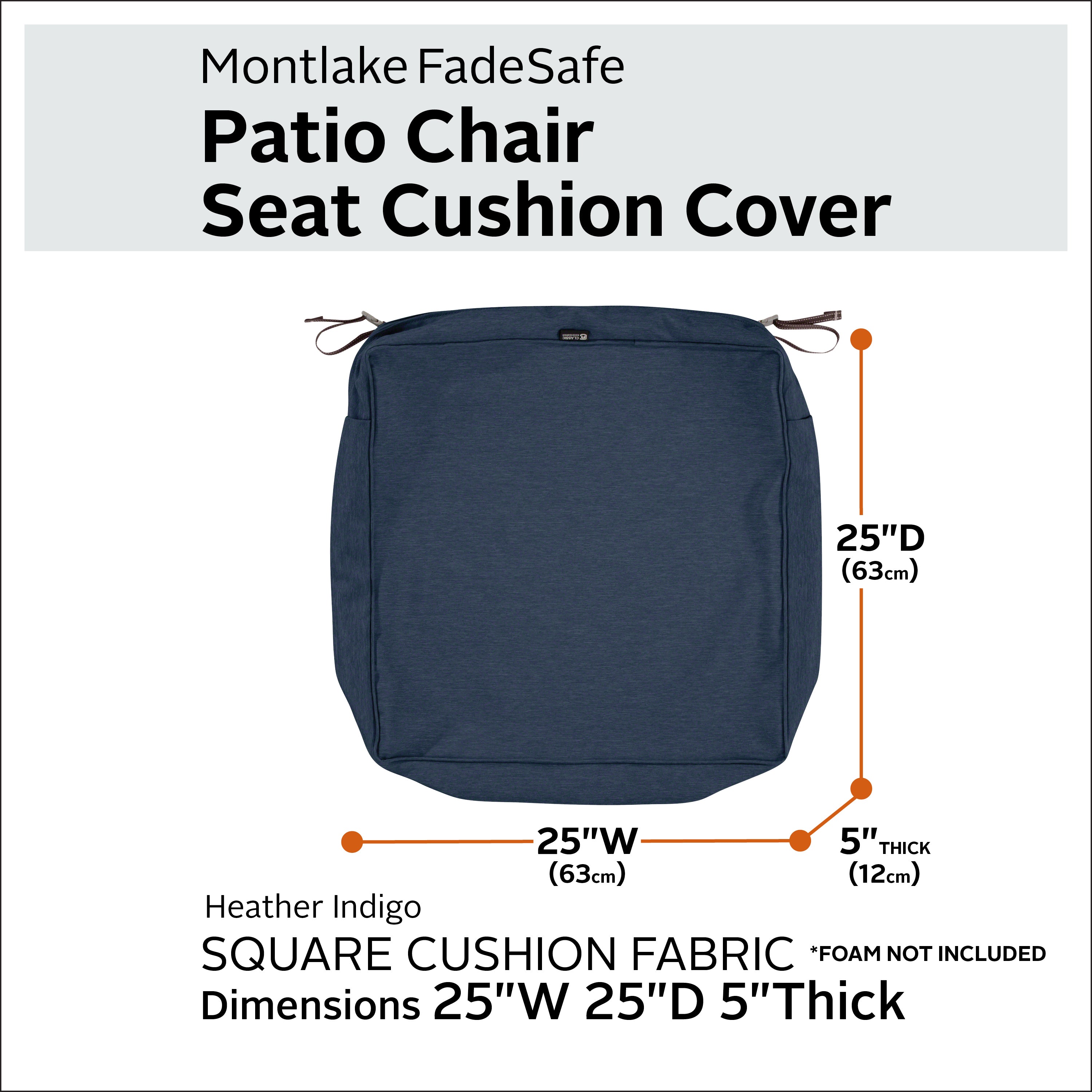 Classic Accessories Montlake FadeSafe Water-Resistant 5 Inch Thick Square Patio Dining Seat Cushion Cover