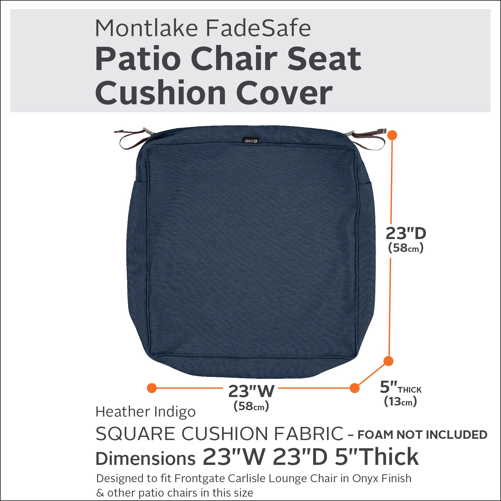 Classic Accessories Montlake FadeSafe Water-Resistant 5 Inch Thick Square Patio Dining Seat Cushion Cover