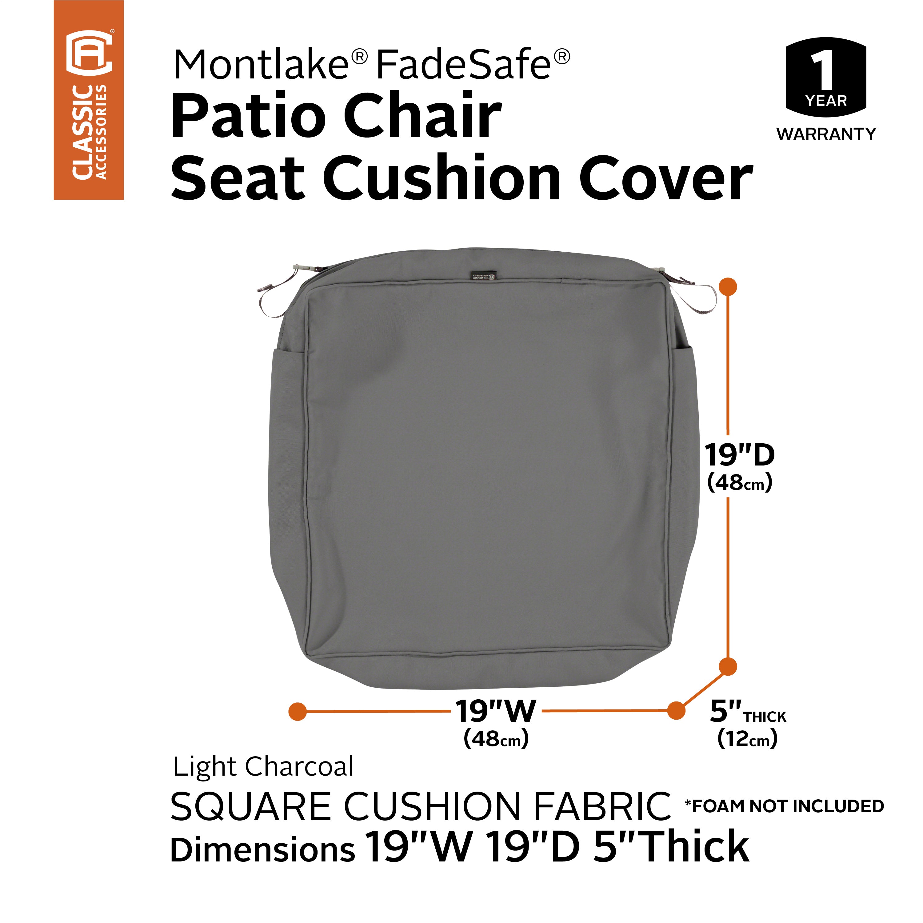 Classic Accessories Montlake FadeSafe Water-Resistant 5 Inch Thick Square Patio Dining Seat Cushion Cover