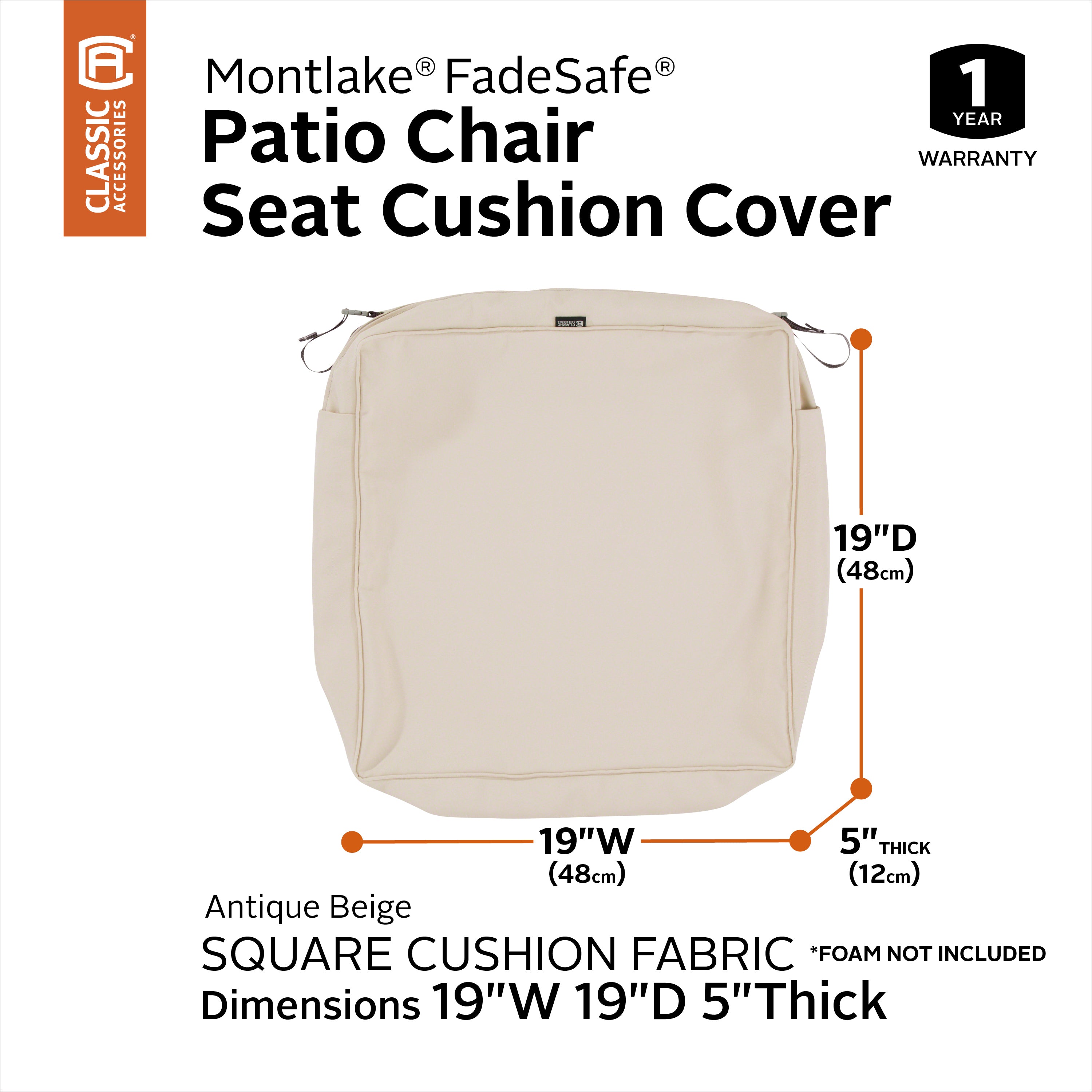 Classic Accessories Montlake FadeSafe Water-Resistant 5 Inch Thick Square Patio Dining Seat Cushion Cover