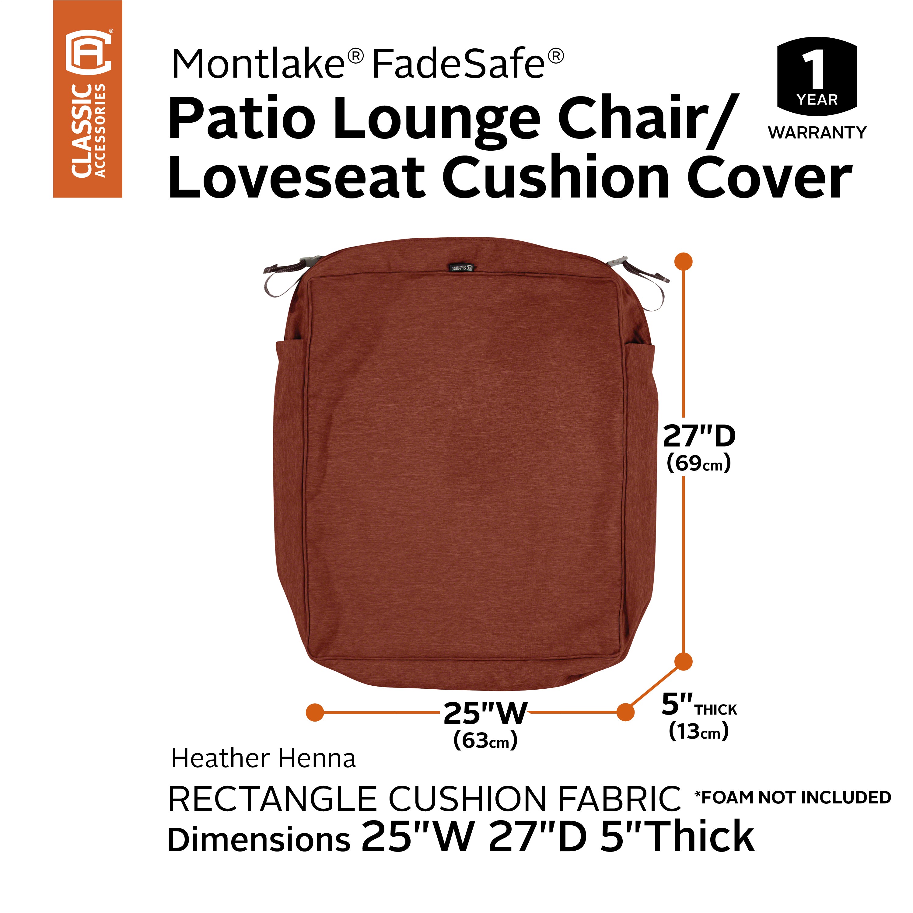Classic Accessories Montlake FadeSafe Water-Resistant Rectangular Patio Lounge Seat Cushion Cover