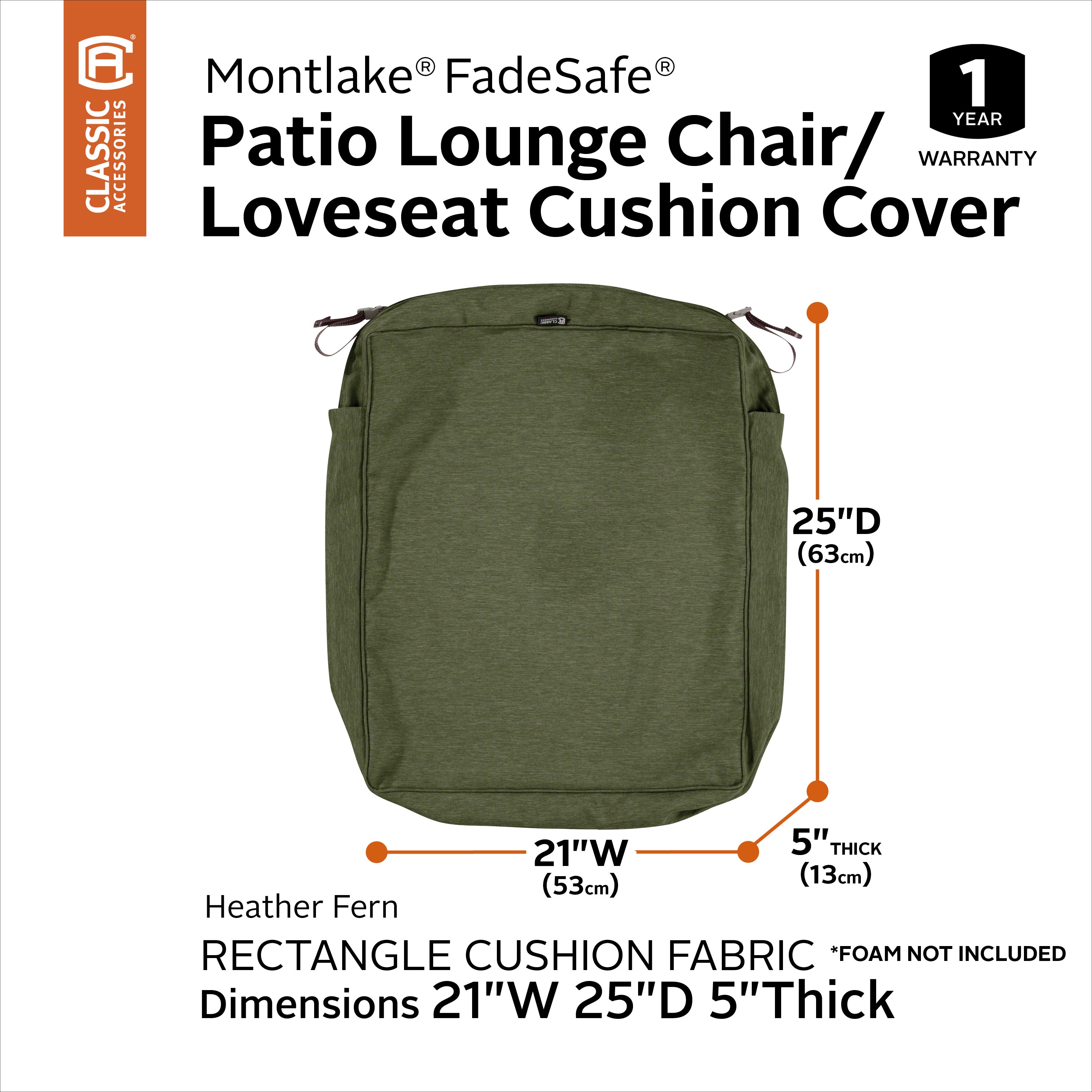 Classic Accessories Montlake FadeSafe Water-Resistant Rectangular Patio Lounge Seat Cushion Cover