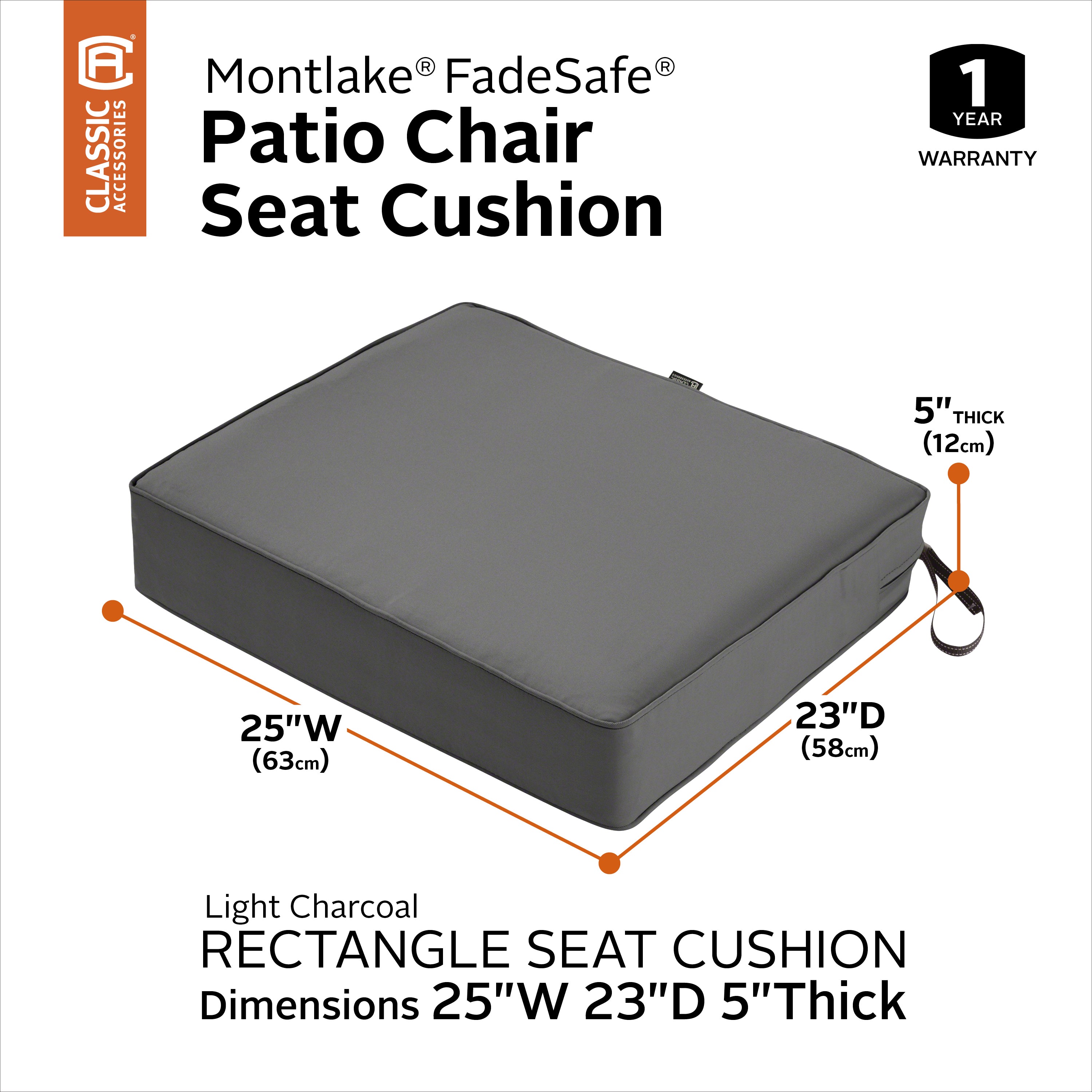 Classic Accessories Montlake FadeSafe Water-Resistant 5 Inch Thick Rectangle Patio Lounge Seat Cushion