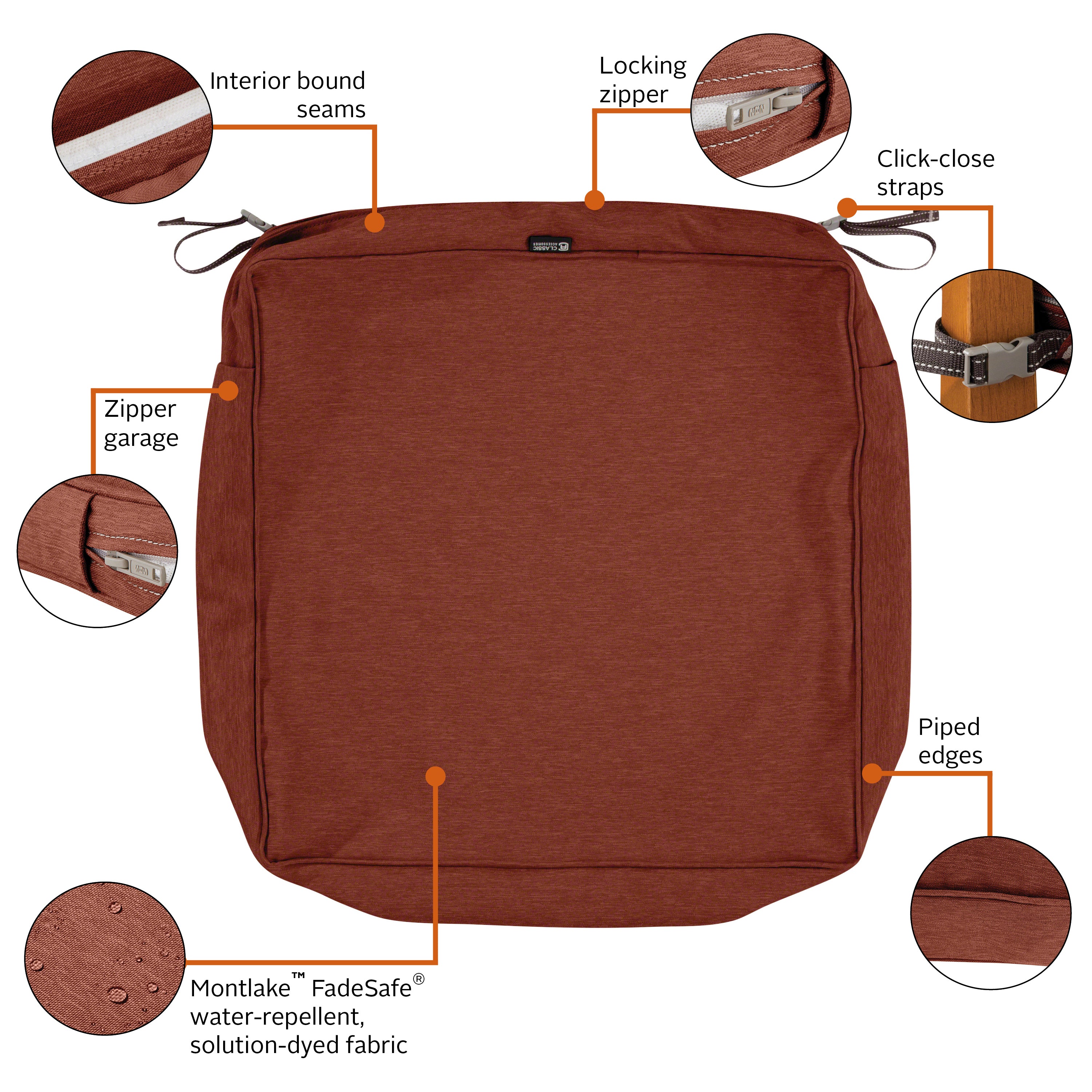 Classic Accessories Montlake FadeSafe Water-Resistant 5 Inch Thick Square Patio Dining Seat Cushion Cover