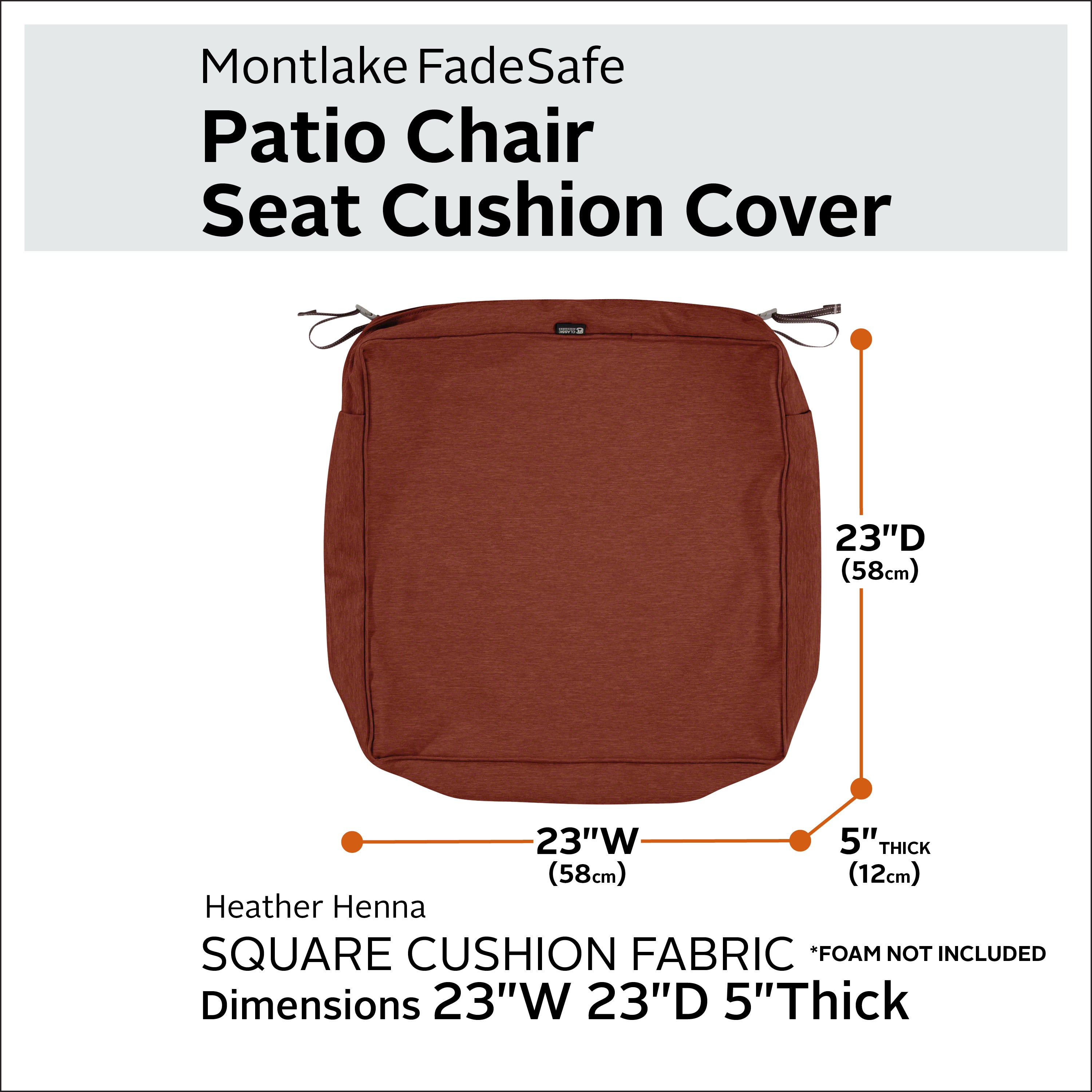 Classic Accessories Montlake FadeSafe Water-Resistant 5 Inch Thick Square Patio Dining Seat Cushion Cover