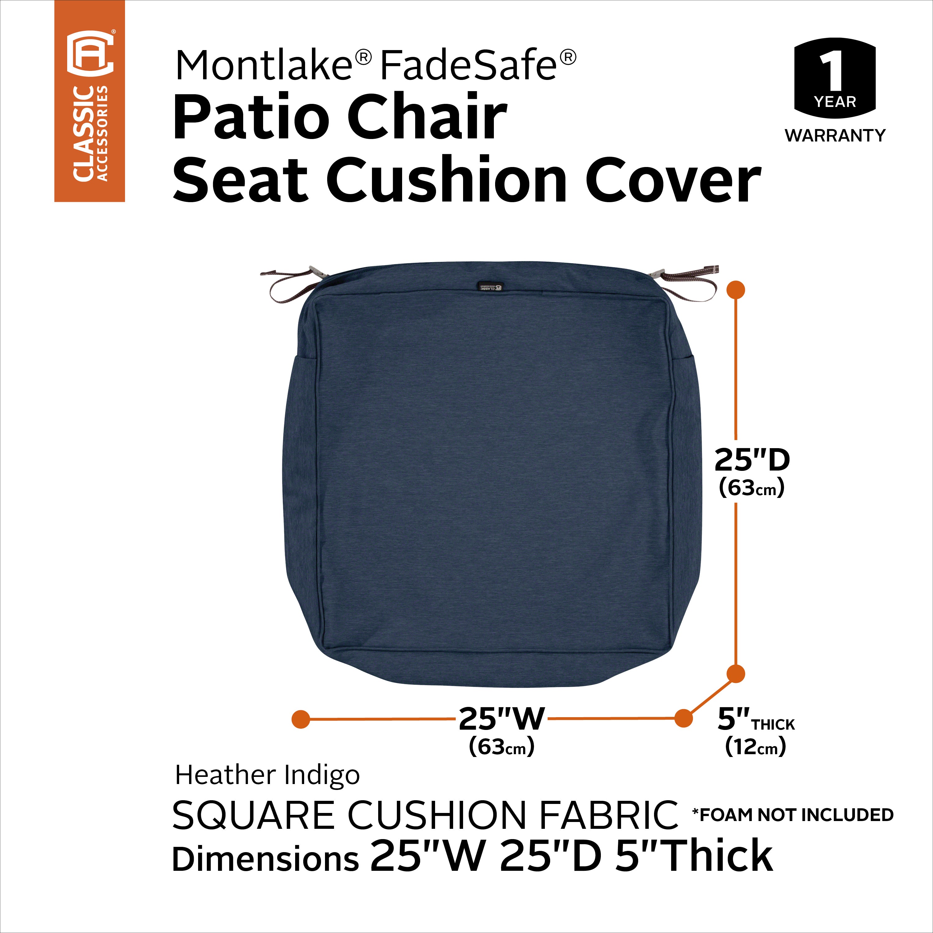 Classic Accessories Montlake FadeSafe Water-Resistant 5 Inch Thick Square Patio Dining Seat Cushion Cover
