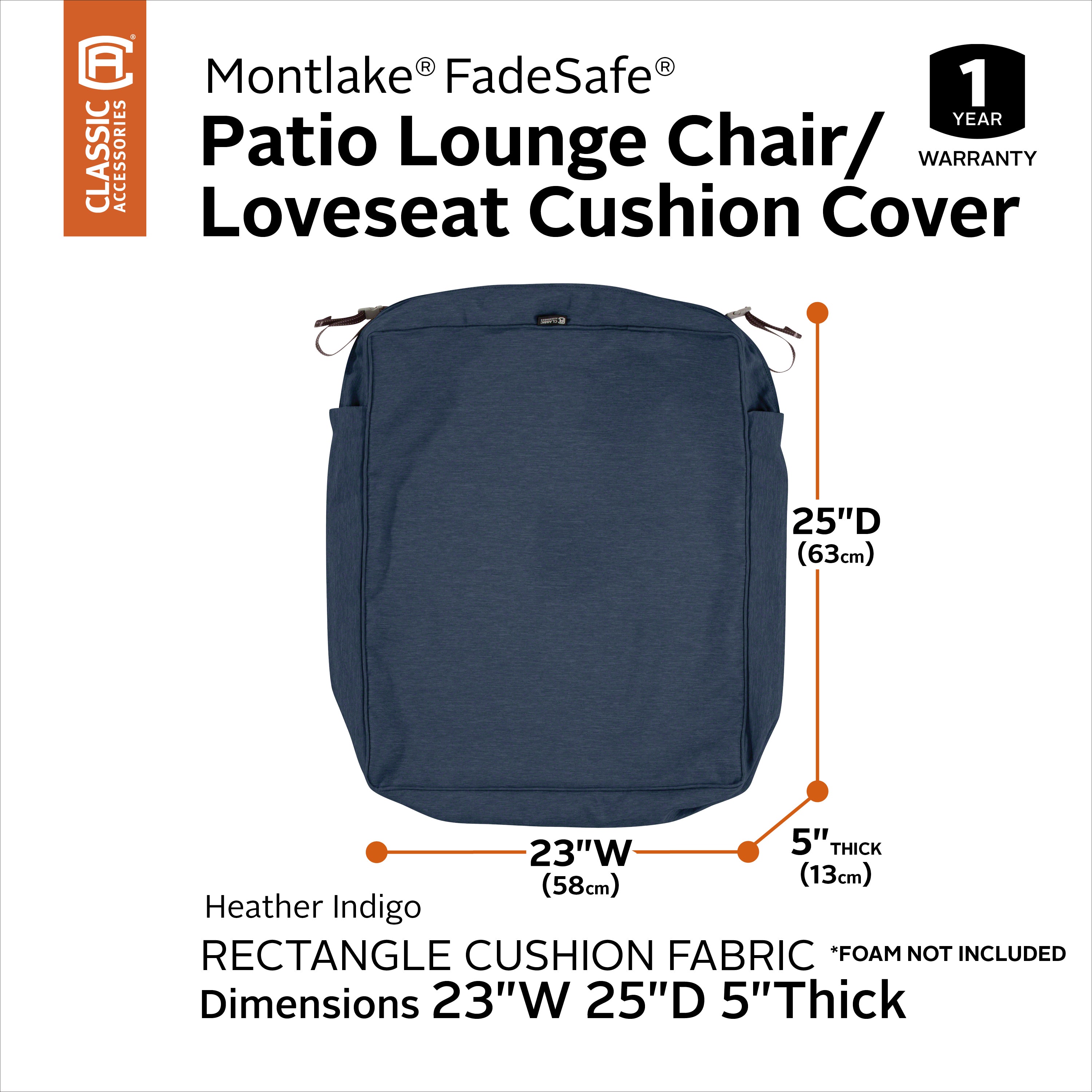 Classic Accessories Montlake FadeSafe Water-Resistant Rectangular Patio Lounge Seat Cushion Cover