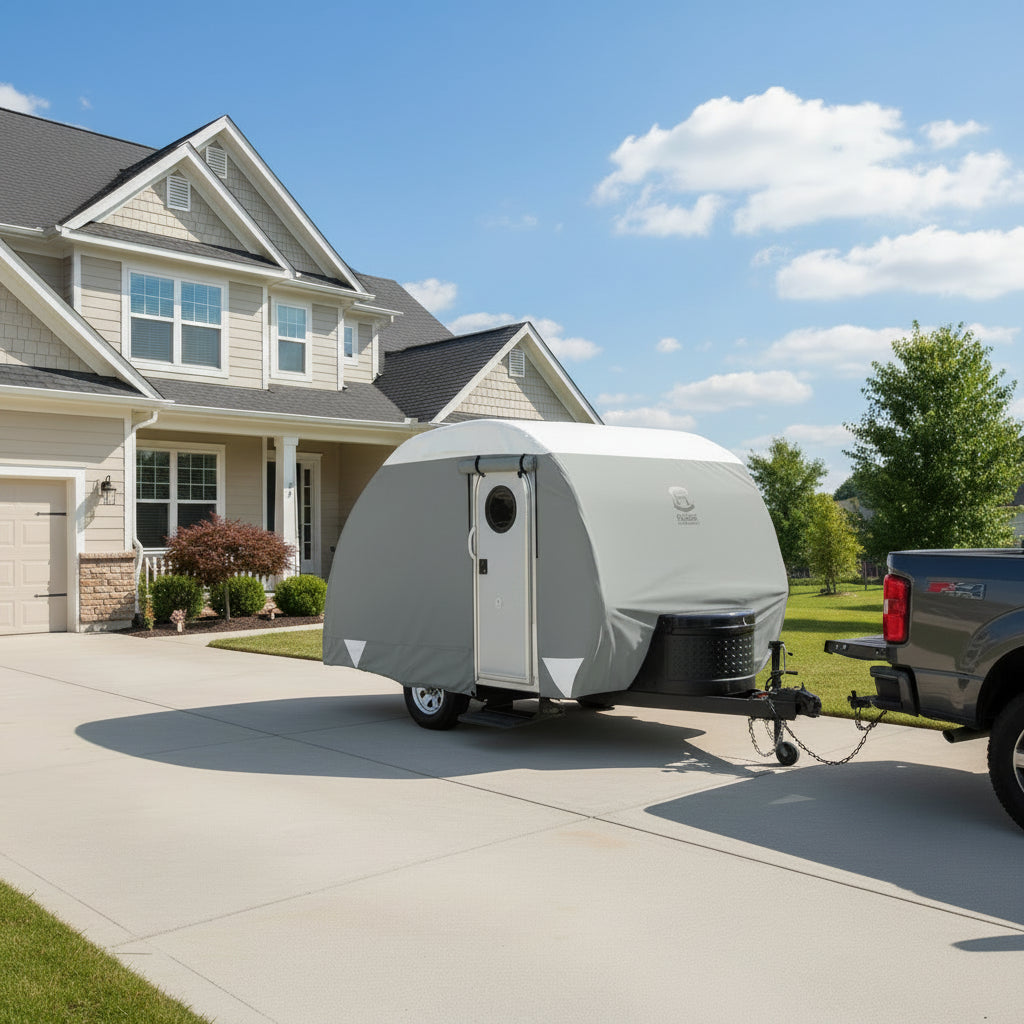 Camper trailer with a roof rack on a white background