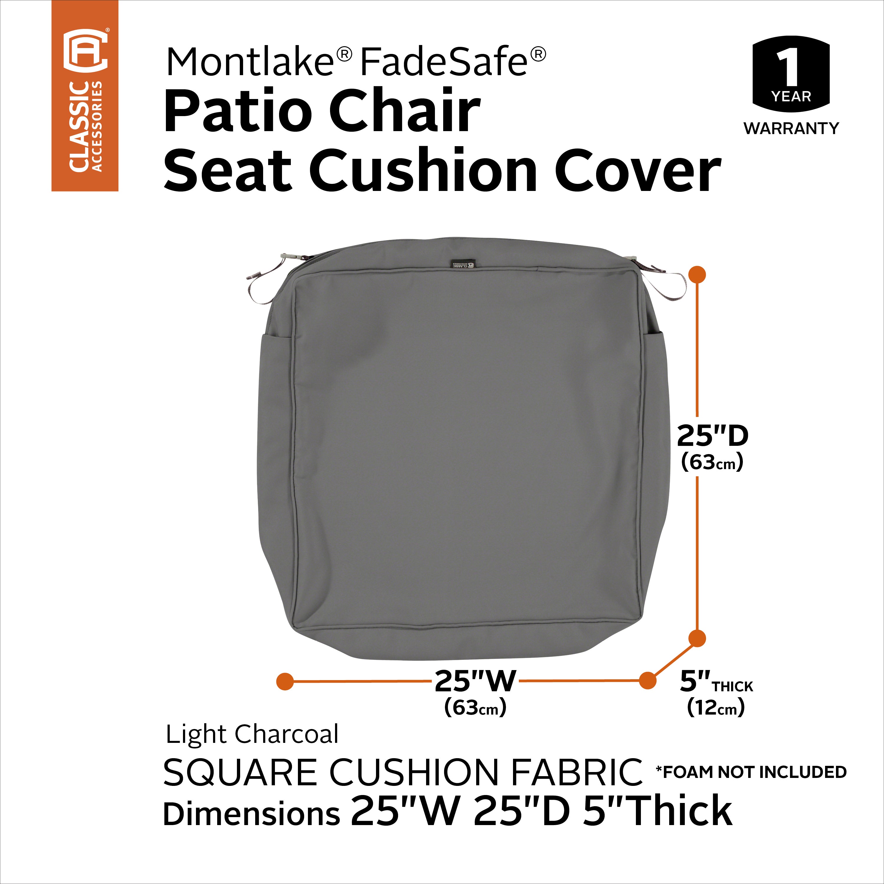Classic Accessories Montlake FadeSafe Water-Resistant 5 Inch Thick Square Patio Dining Seat Cushion Cover