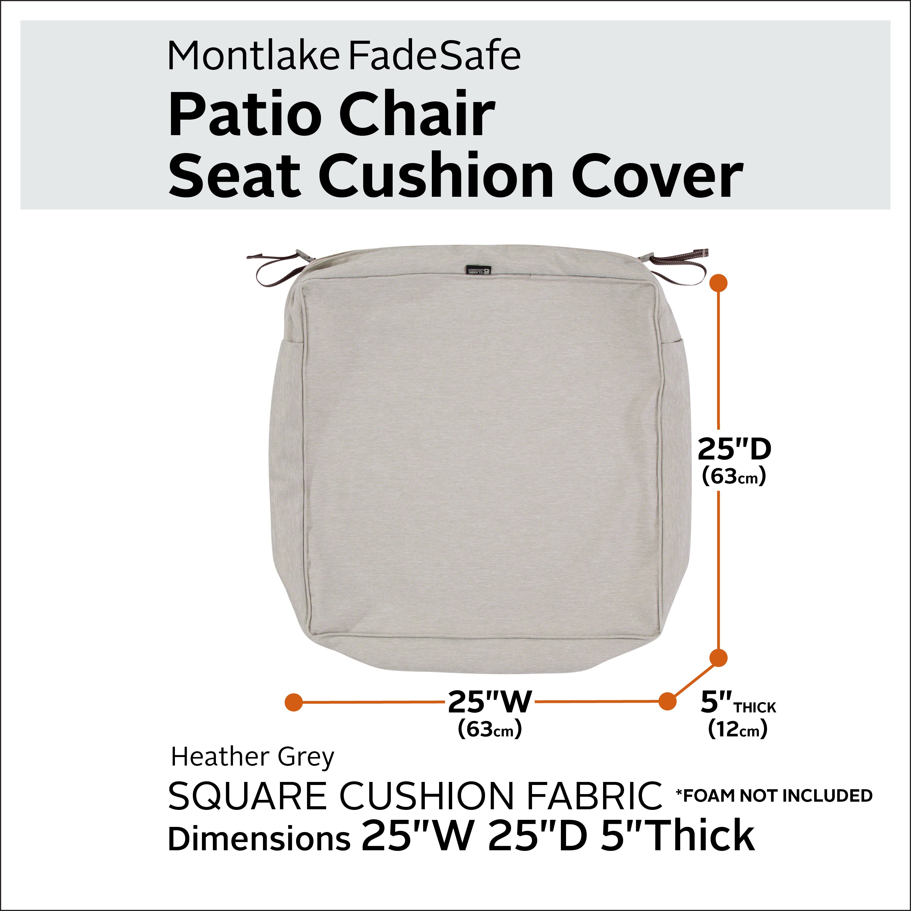 Classic Accessories Montlake FadeSafe Water-Resistant 5 Inch Thick Square Patio Dining Seat Cushion Cover