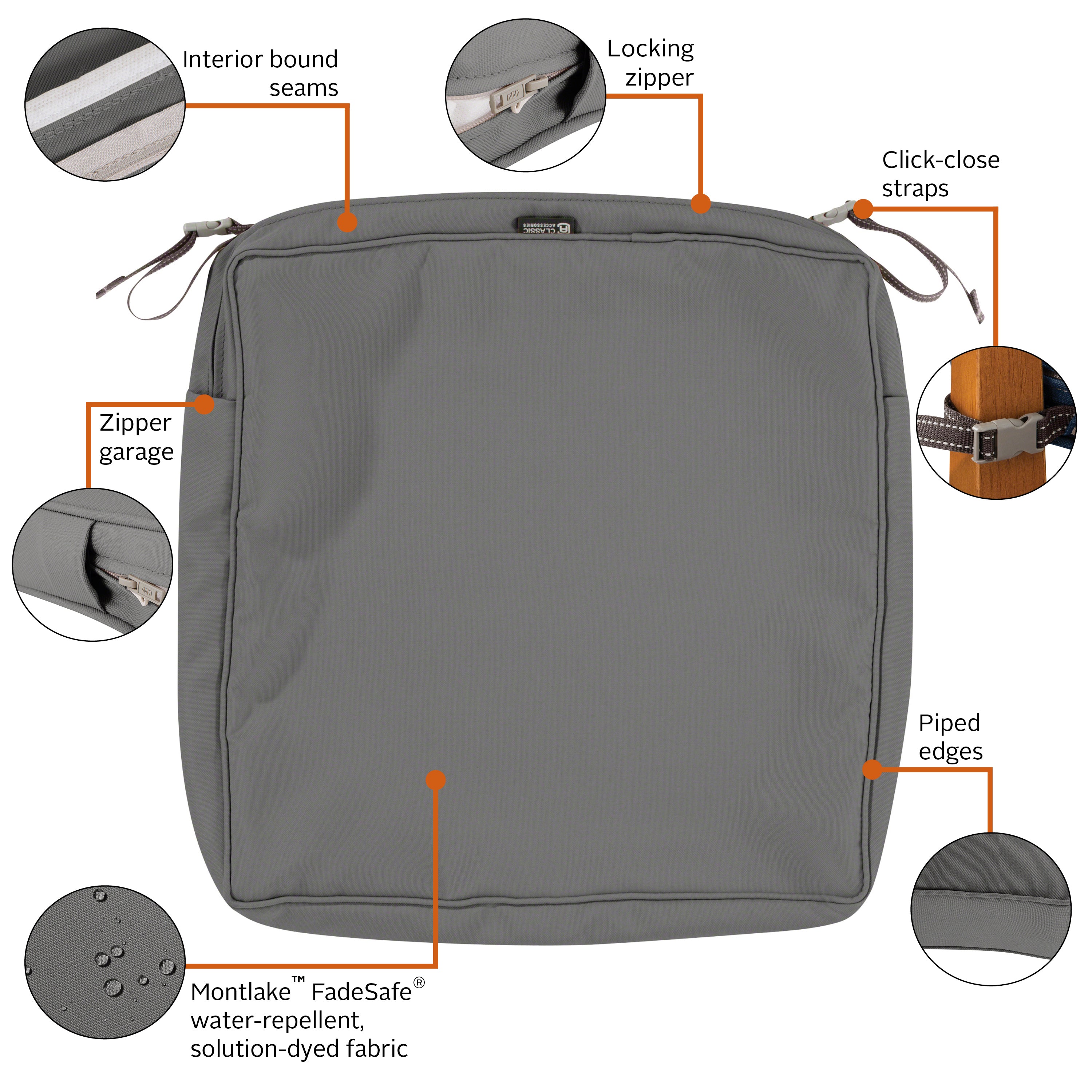 Classic Accessories Montlake FadeSafe Water-Resistant 3 Inch Thick Square Patio Dining Seat Cushion Cover