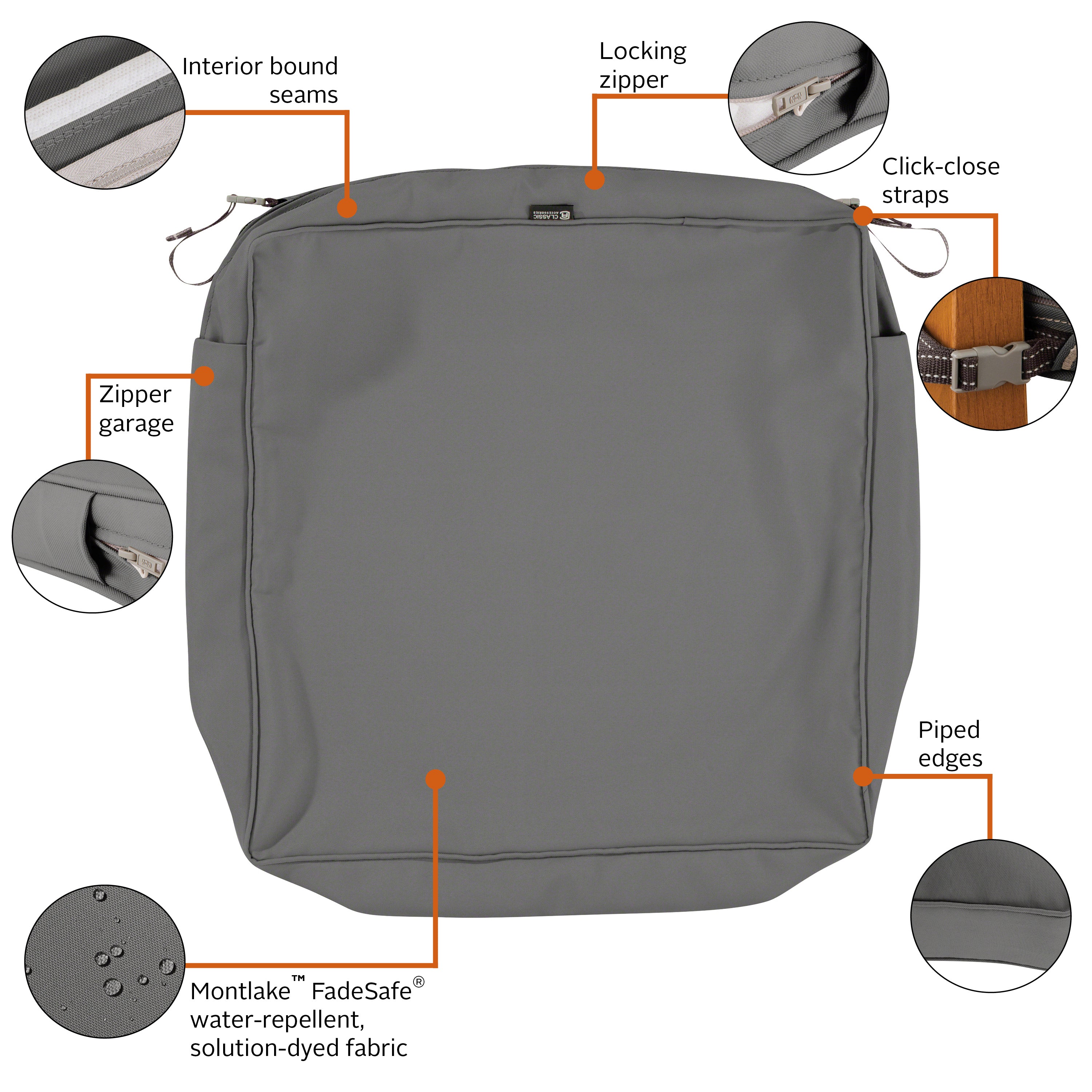 Classic Accessories Montlake FadeSafe Water-Resistant 5 Inch Thick Square Patio Dining Seat Cushion Cover