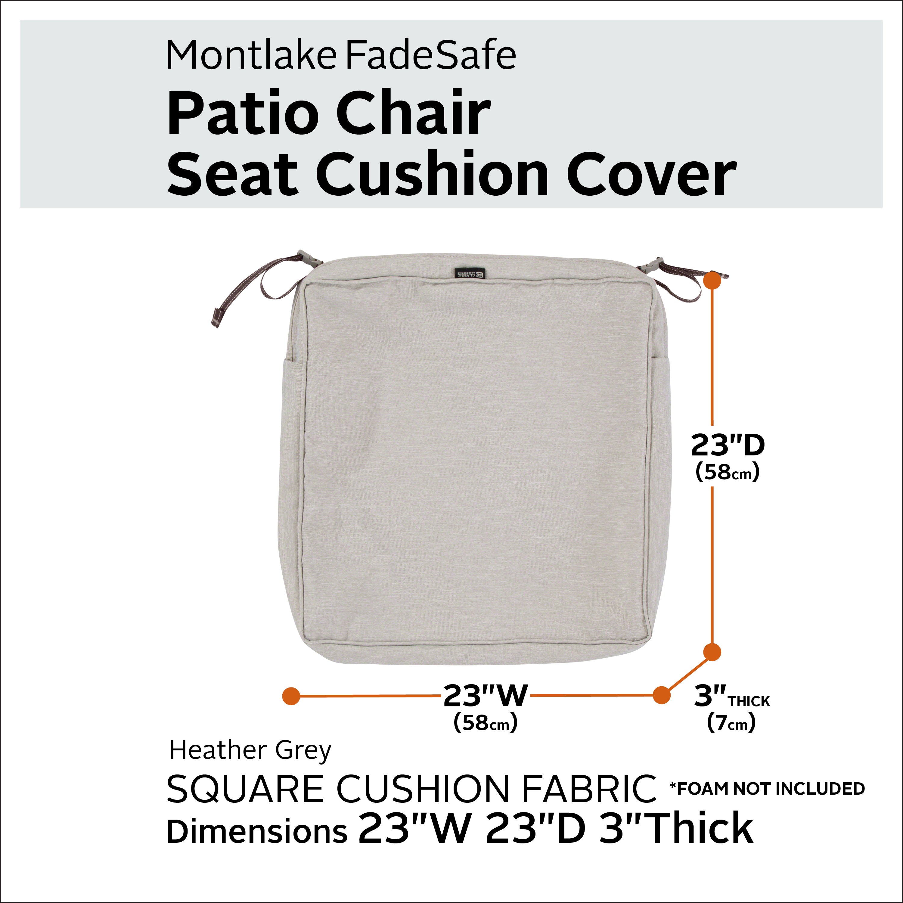 Classic Accessories Montlake FadeSafe Water-Resistant 3 Inch Thick Square Patio Dining Seat Cushion Cover