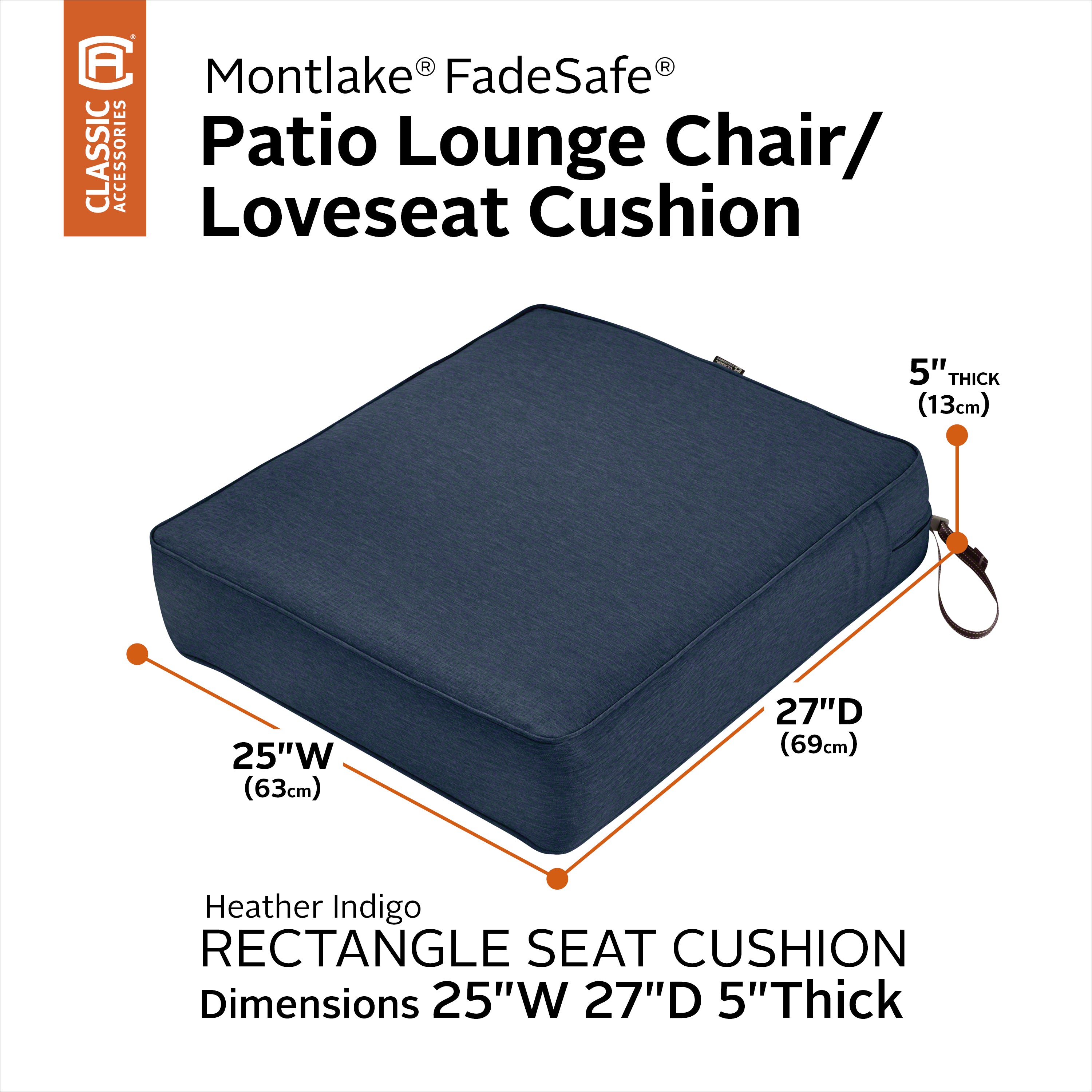 Classic Accessories Montlake FadeSafe Water-Resistant 5 Inch Thick Rectangle Patio Lounge Seat Cushion