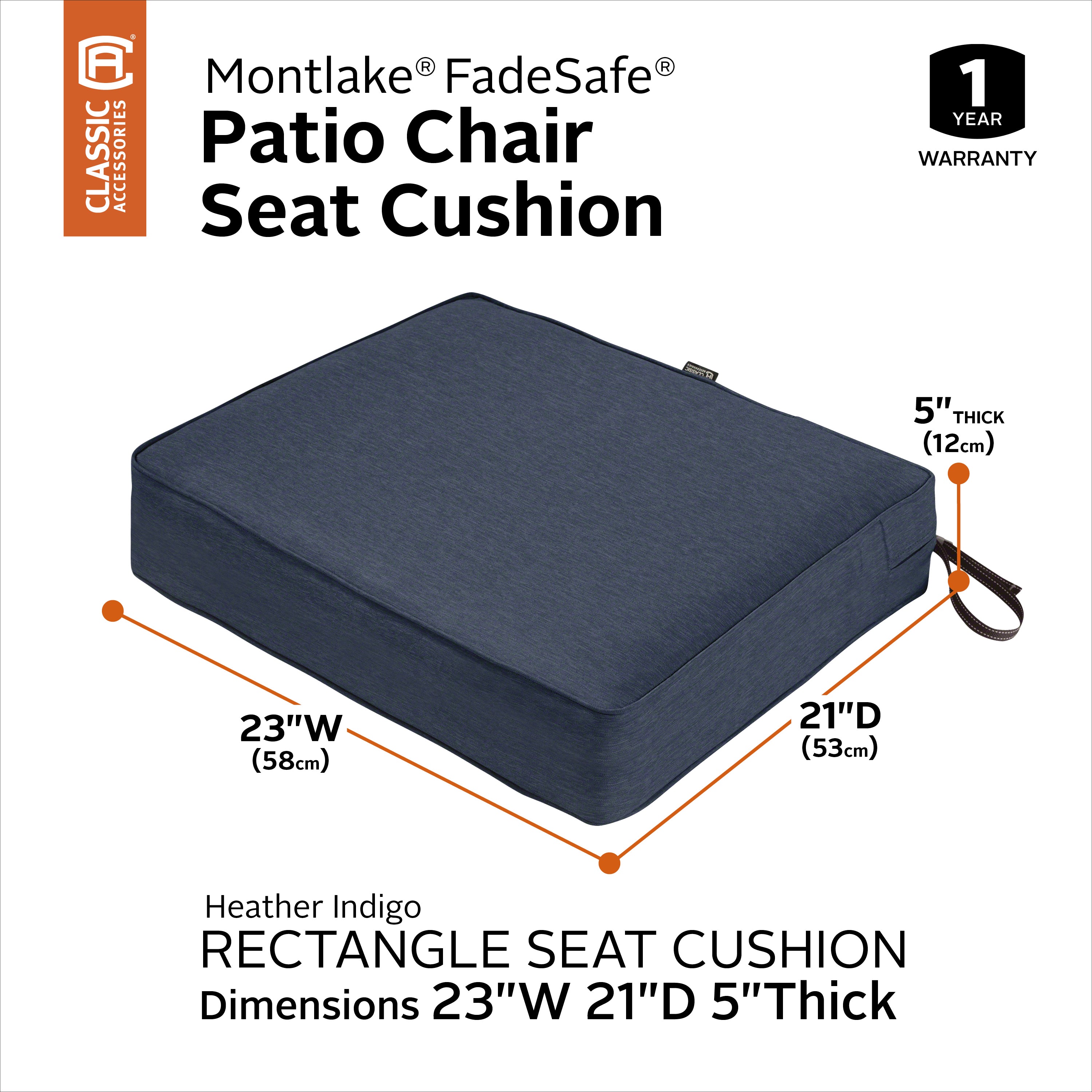 Classic Accessories Montlake FadeSafe Water-Resistant 5 Inch Thick Rectangle Patio Lounge Seat Cushion