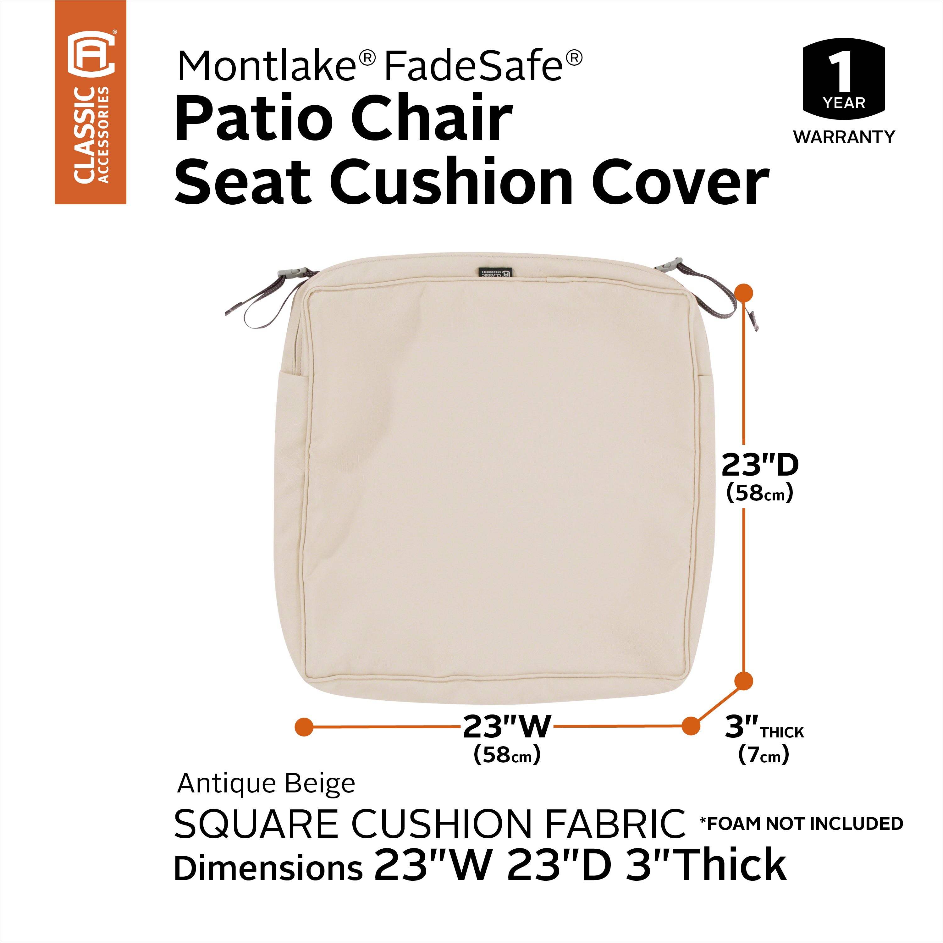 Classic Accessories Montlake FadeSafe Water-Resistant 3 Inch Thick Square Patio Dining Seat Cushion Cover
