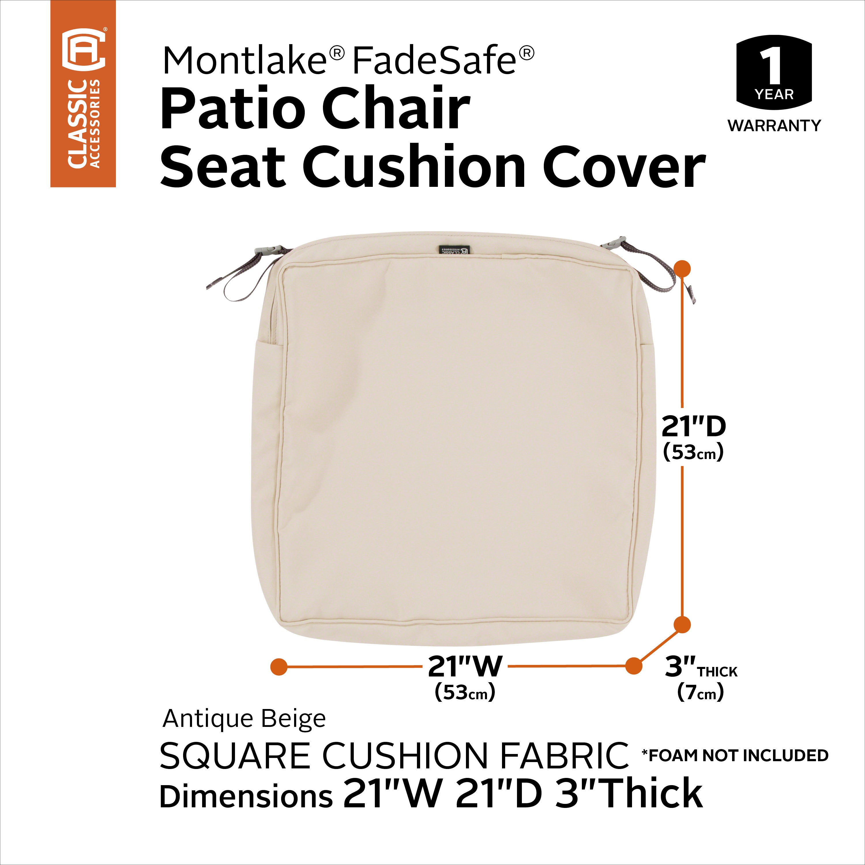 Classic Accessories Montlake FadeSafe Water-Resistant 3 Inch Thick Square Patio Dining Seat Cushion Cover