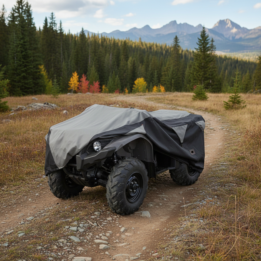 A black and gray ATV cover draped over an all-terrain vehicle on a dirt path in a mountain forest setting.