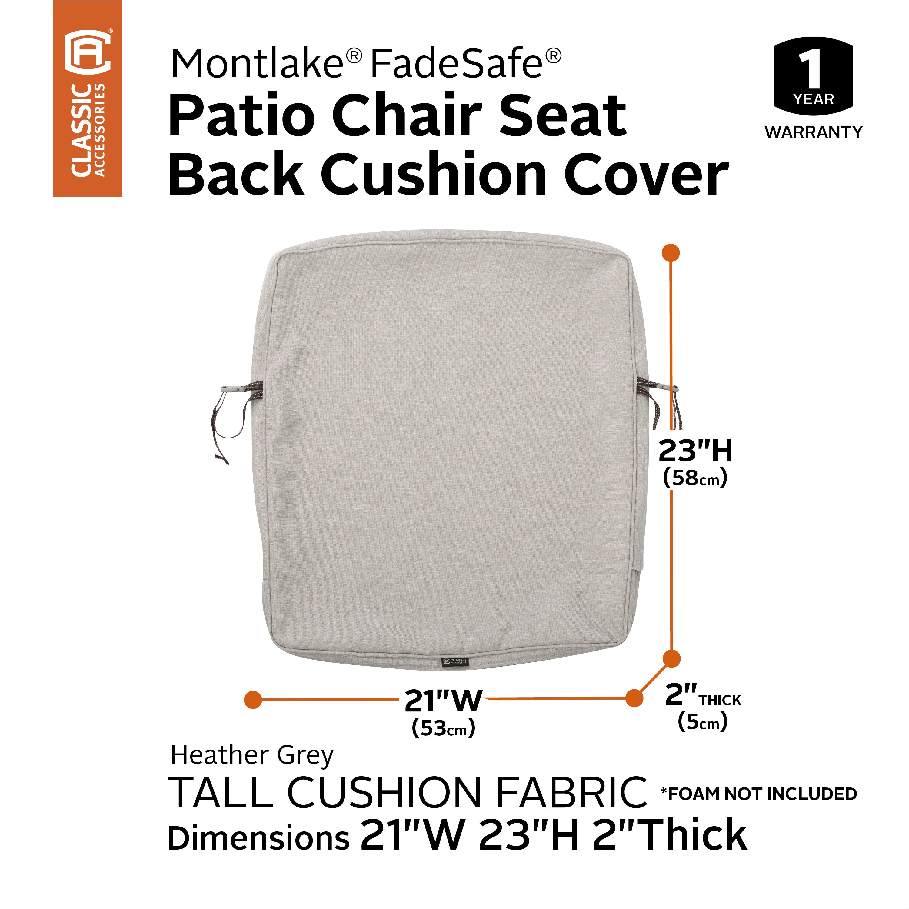 Classic Accessories Montlake FadeSafe Water-Resistant Patio Lounge Back Cushion Cover