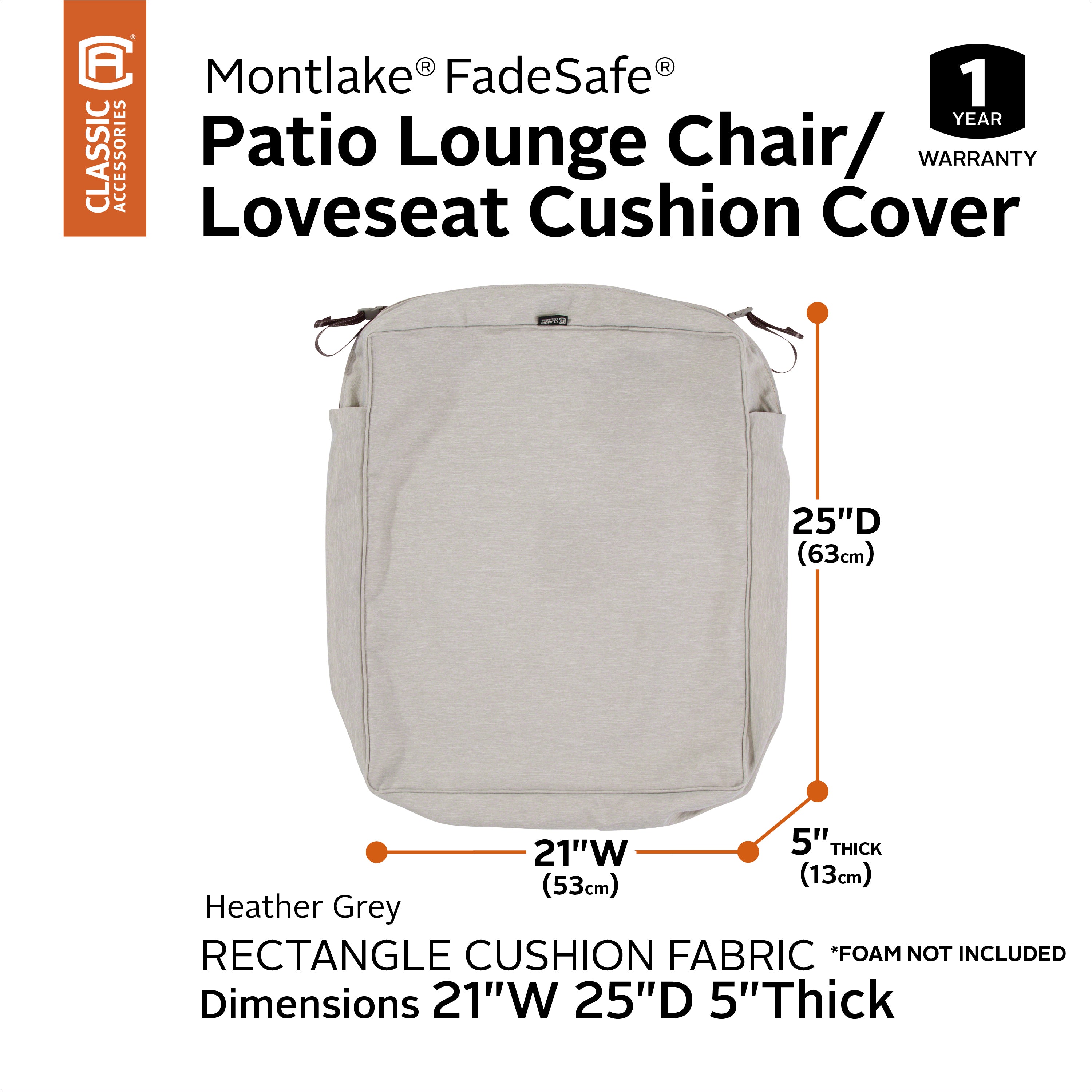 Classic Accessories Montlake FadeSafe Water-Resistant Rectangular Patio Lounge Seat Cushion Cover
