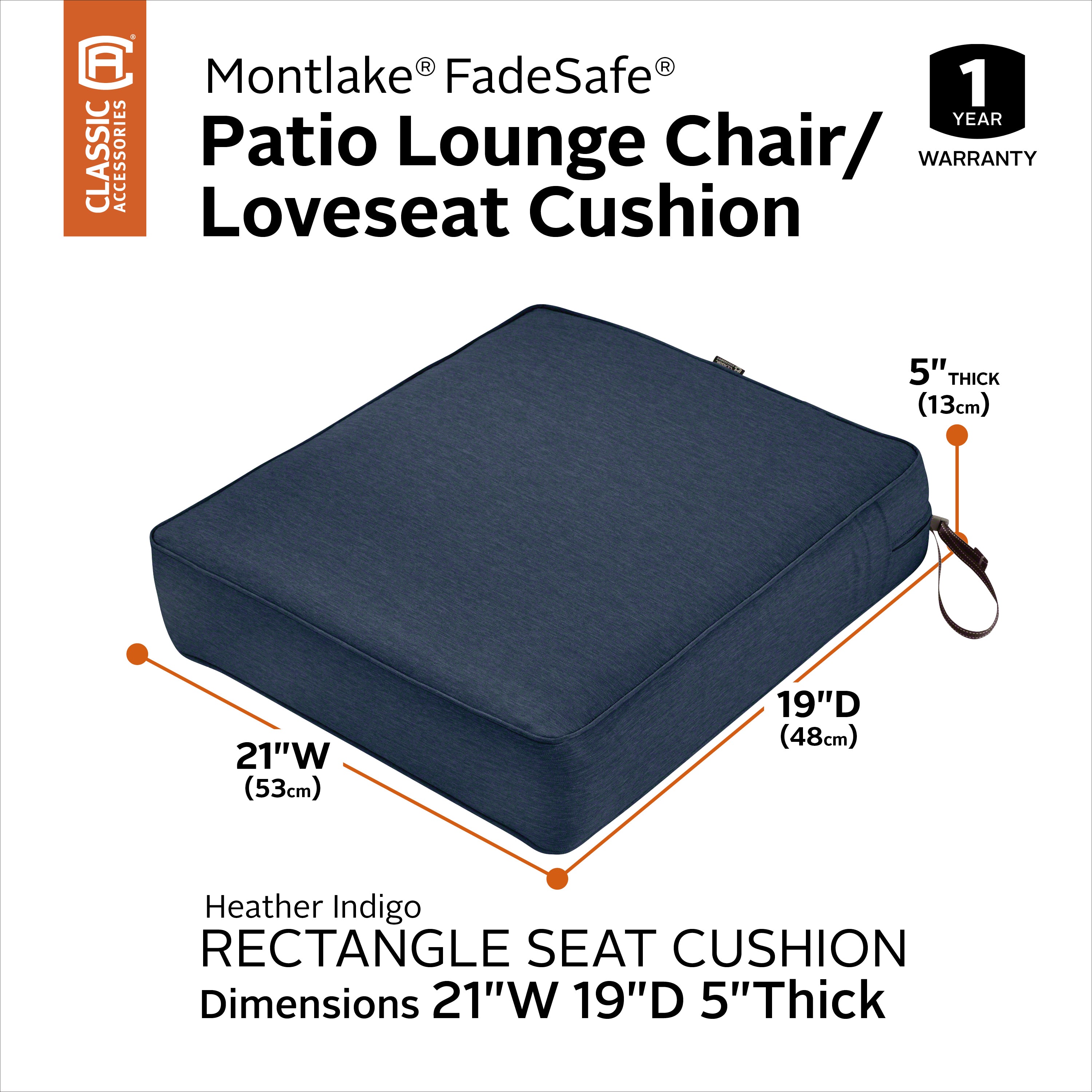 Classic Accessories Montlake FadeSafe Water-Resistant 5 Inch Thick Rectangle Patio Lounge Seat Cushion