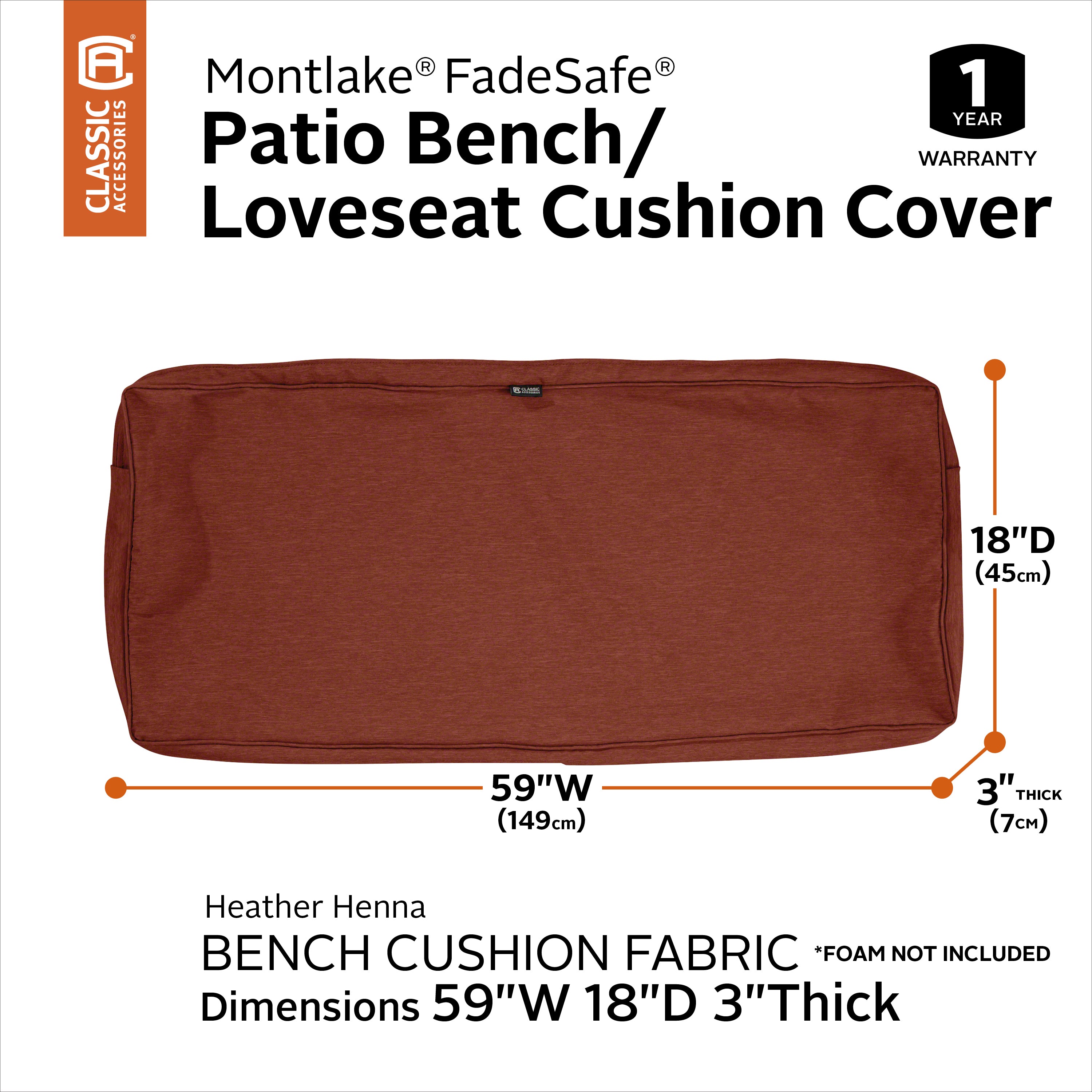 Montlake FadeSafe 3-Inch Patio Bench/Settee Cushion Cover | Classic