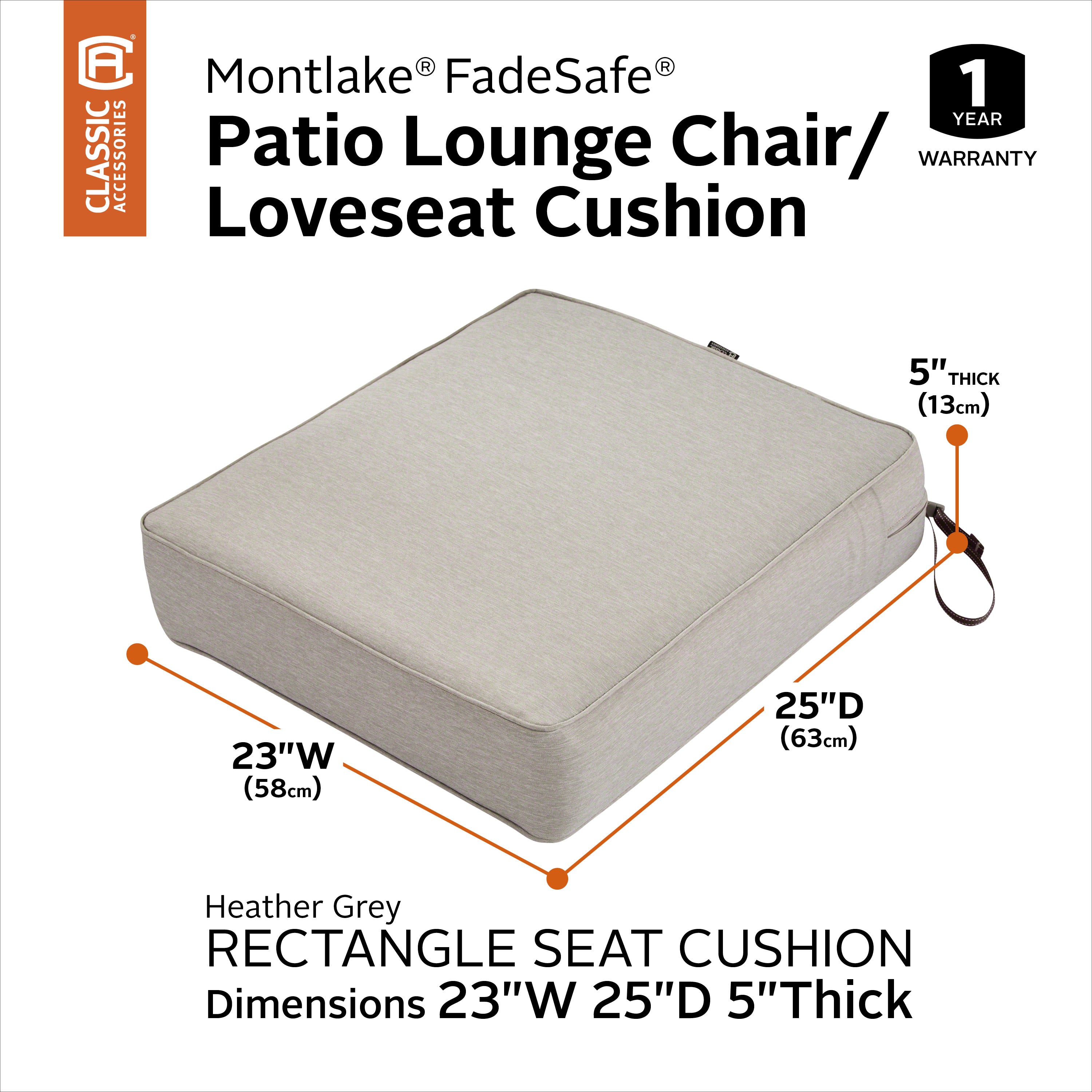 Classic Accessories Montlake FadeSafe Water-Resistant 5 Inch Thick Rectangle Patio Lounge Seat Cushion
