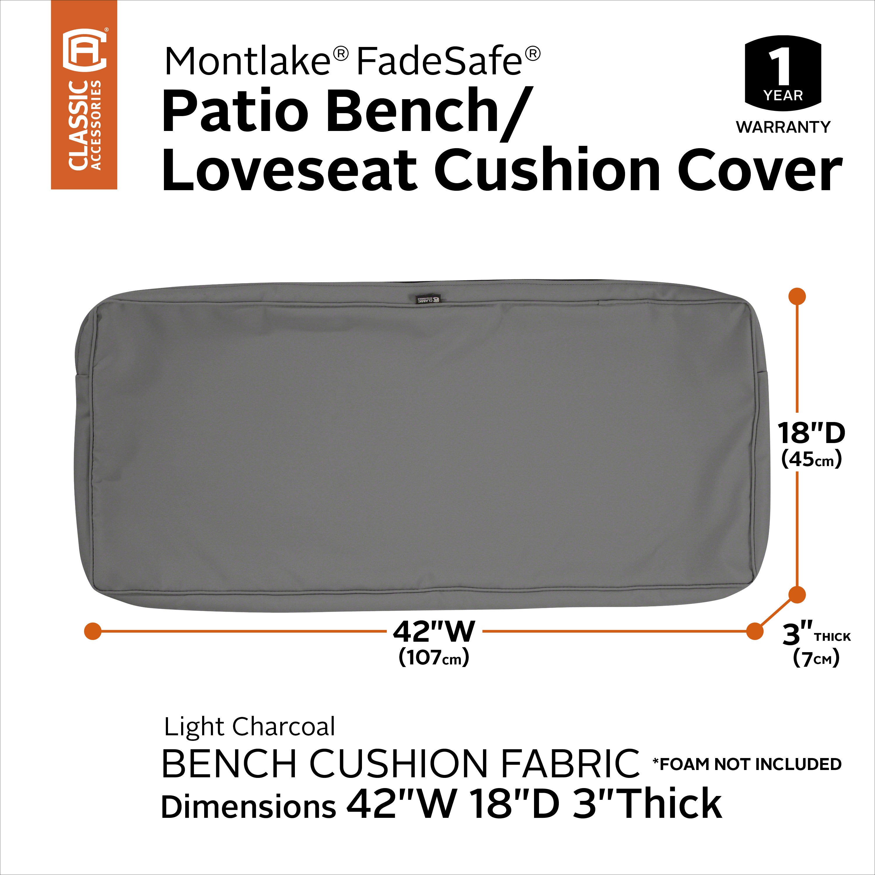 Montlake FadeSafe 3-Inch Patio Bench/Settee Cushion Cover | Classic