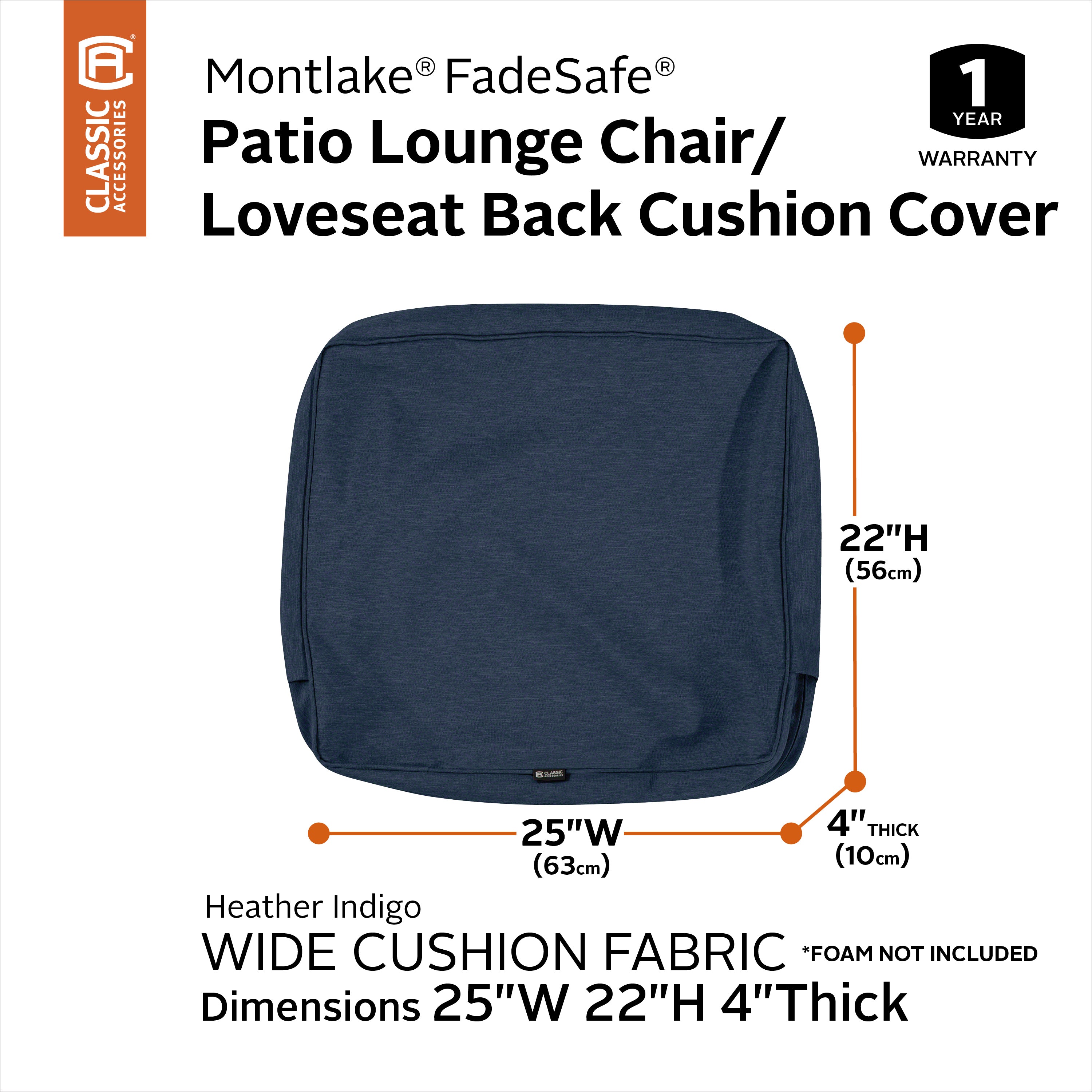 Classic Accessories Montlake FadeSafe Water-Resistant Patio Lounge Back Cushion Cover