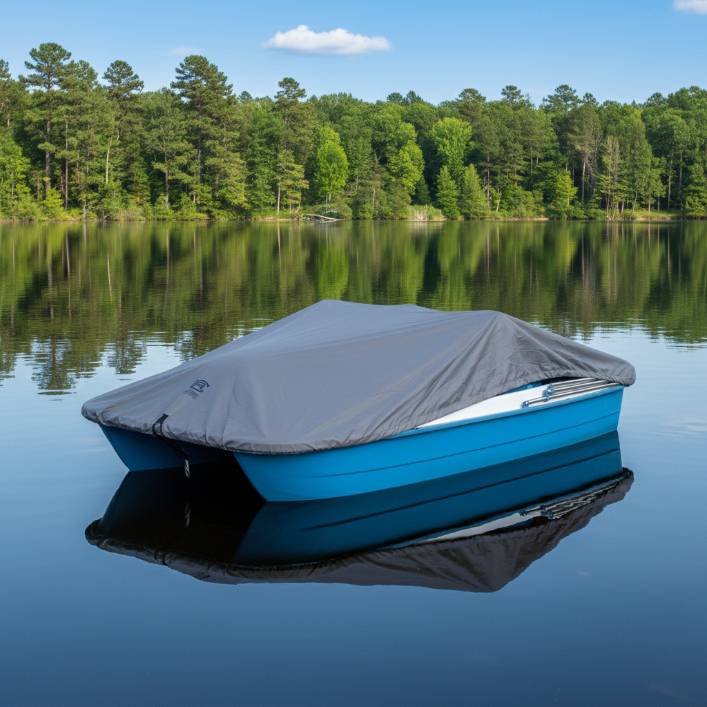 A blue boat covered with a dark gray protective cover floating on a calm lake, with a dense green forest and trees reflected in the water under a blue sky.
