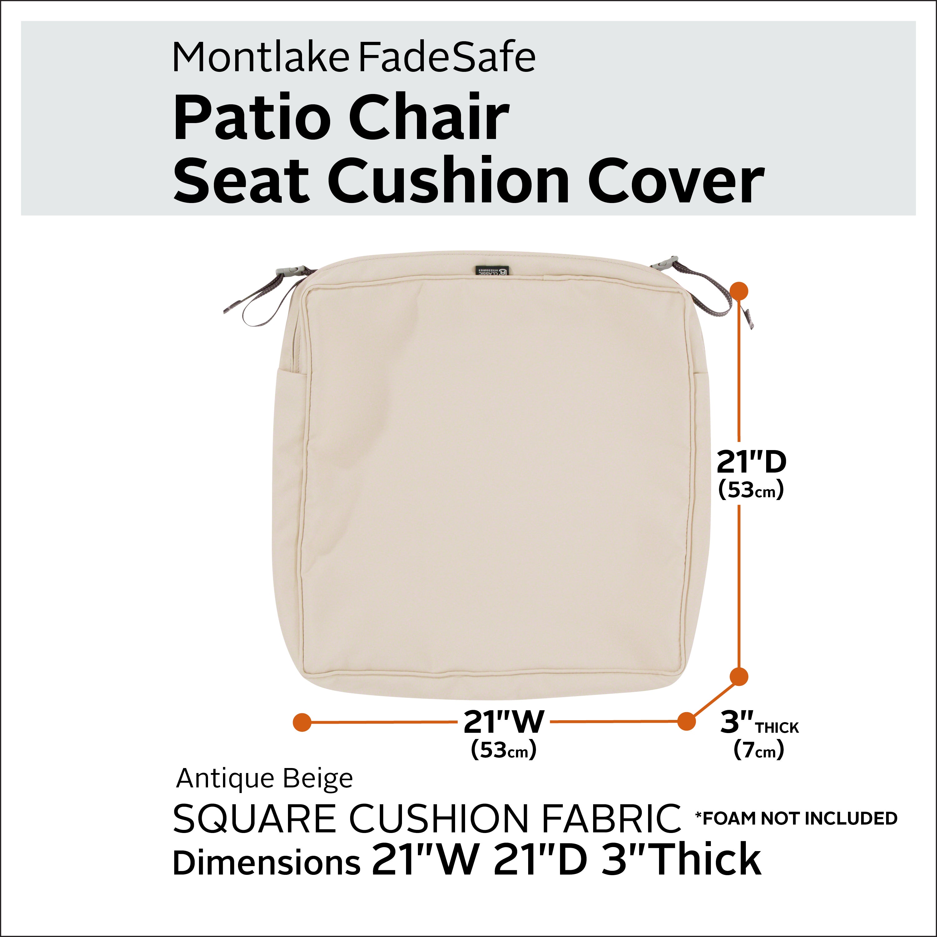 Classic Accessories Montlake FadeSafe Water-Resistant 3 Inch Thick Square Patio Dining Seat Cushion Cover