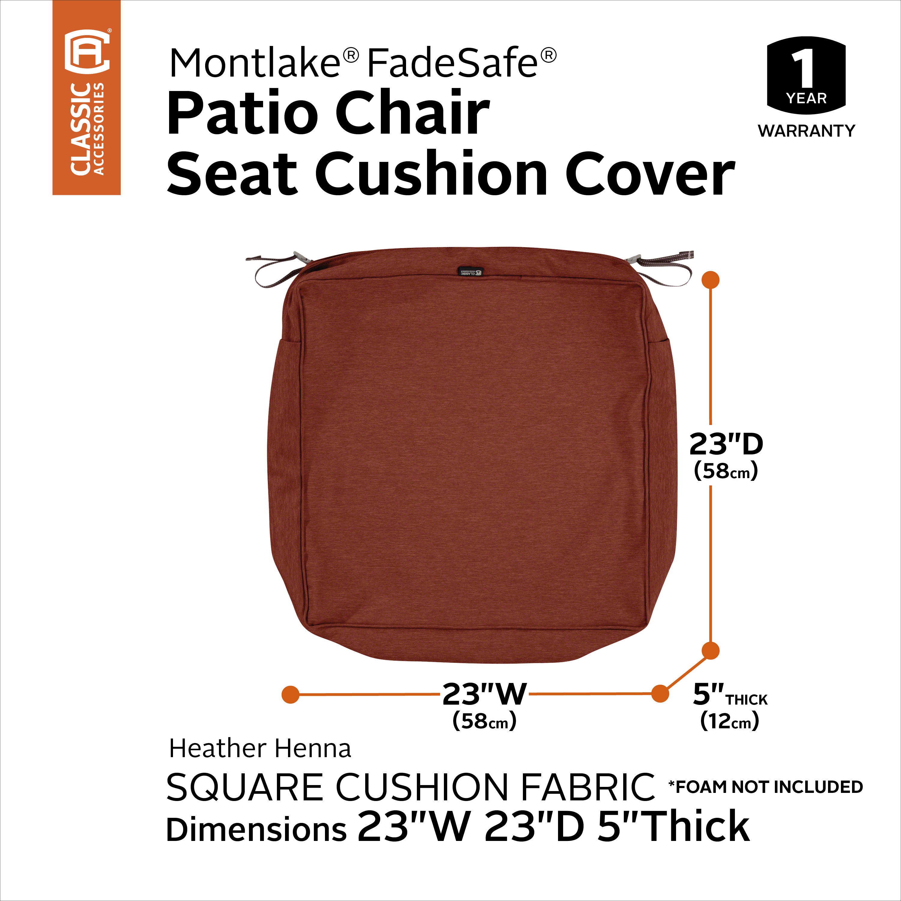 Classic Accessories Montlake FadeSafe Water-Resistant 5 Inch Thick Square Patio Dining Seat Cushion Cover