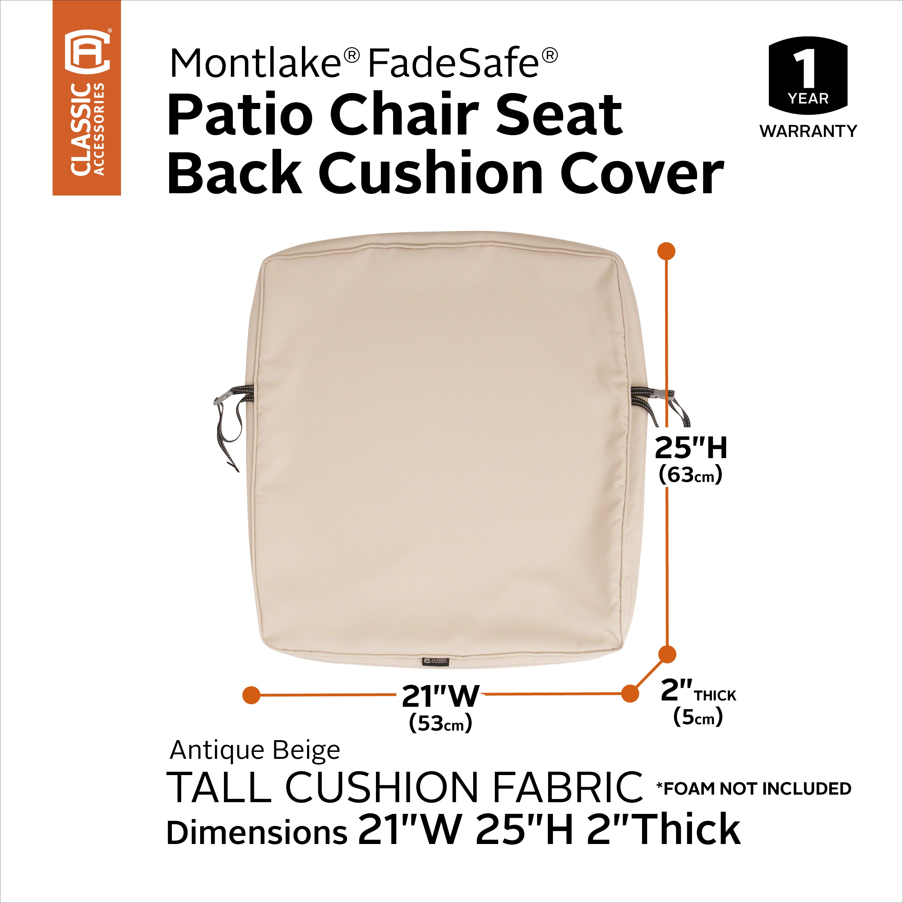 Classic Accessories Montlake FadeSafe Water-Resistant Patio Lounge Back Cushion Cover