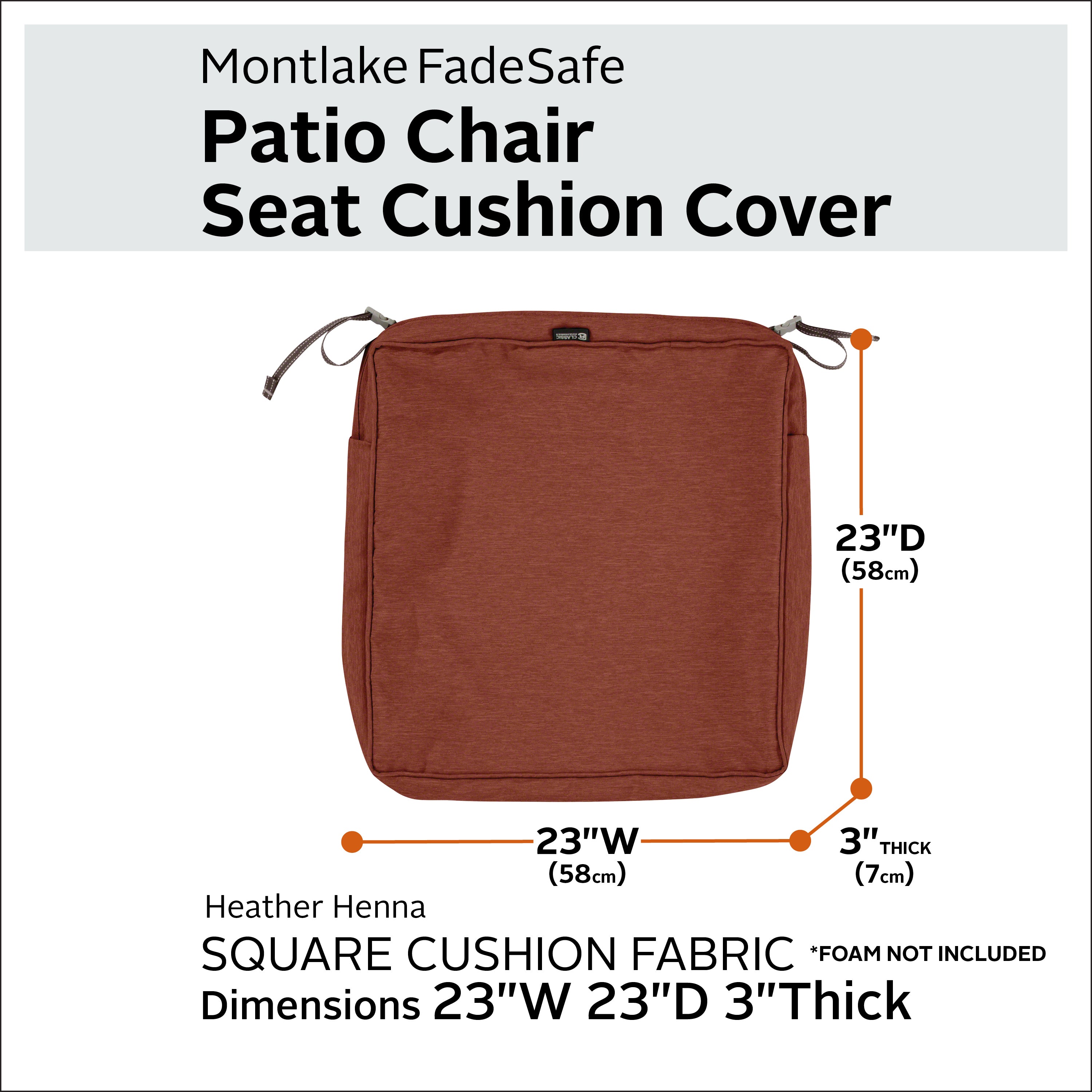 Classic Accessories Montlake FadeSafe Water-Resistant 3 Inch Thick Square Patio Dining Seat Cushion Cover