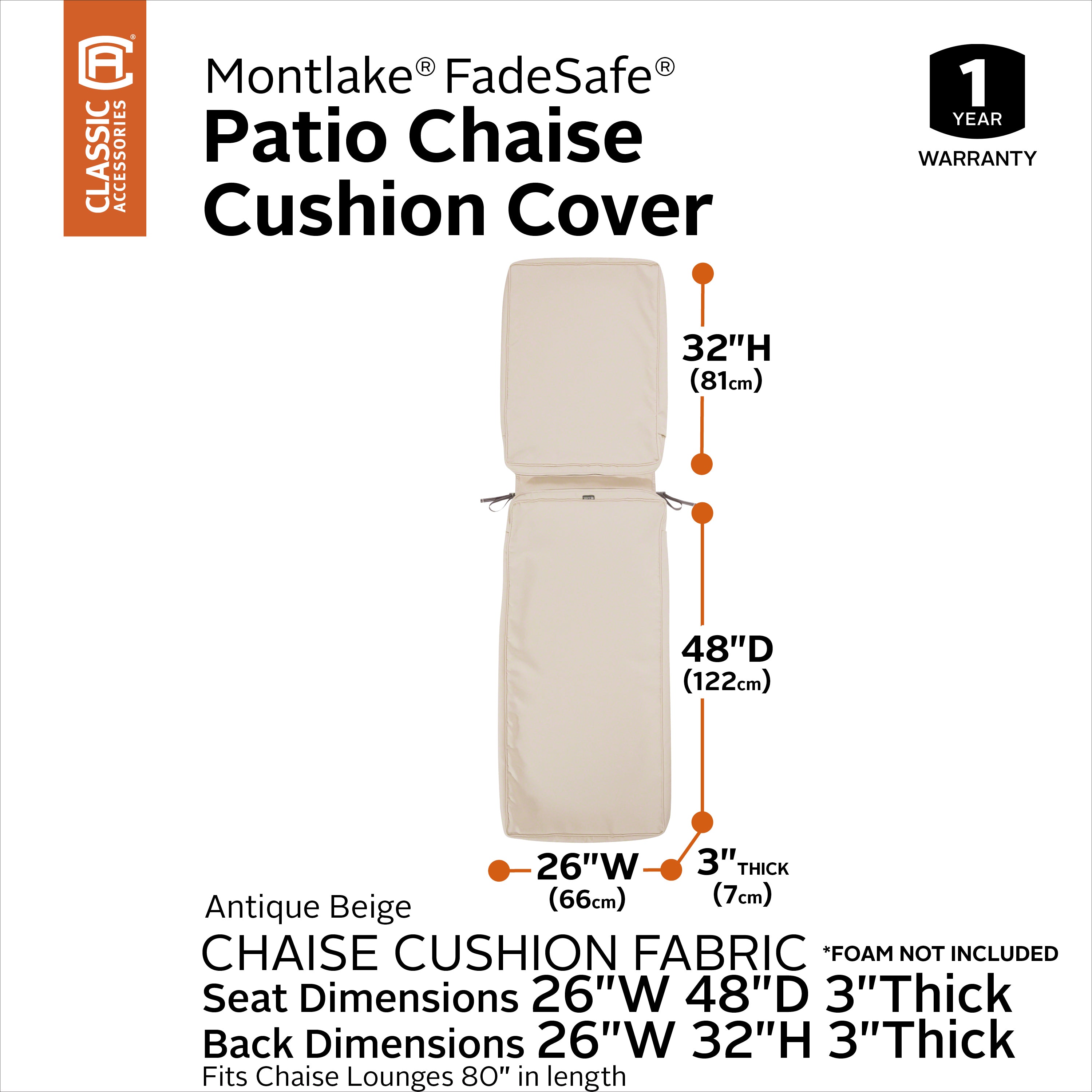 Montlake FadeSafe Water-Resistant Patio Chaise Lounge Cushion Cover