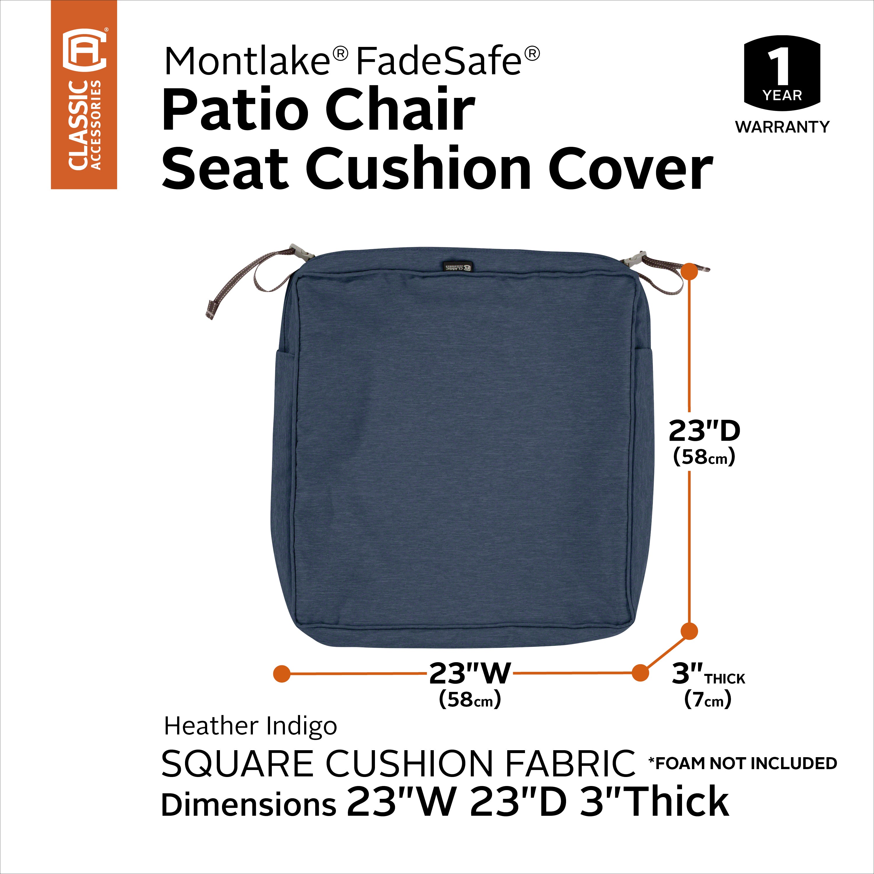 Classic Accessories Montlake FadeSafe Water-Resistant 3 Inch Thick Square Patio Dining Seat Cushion Cover